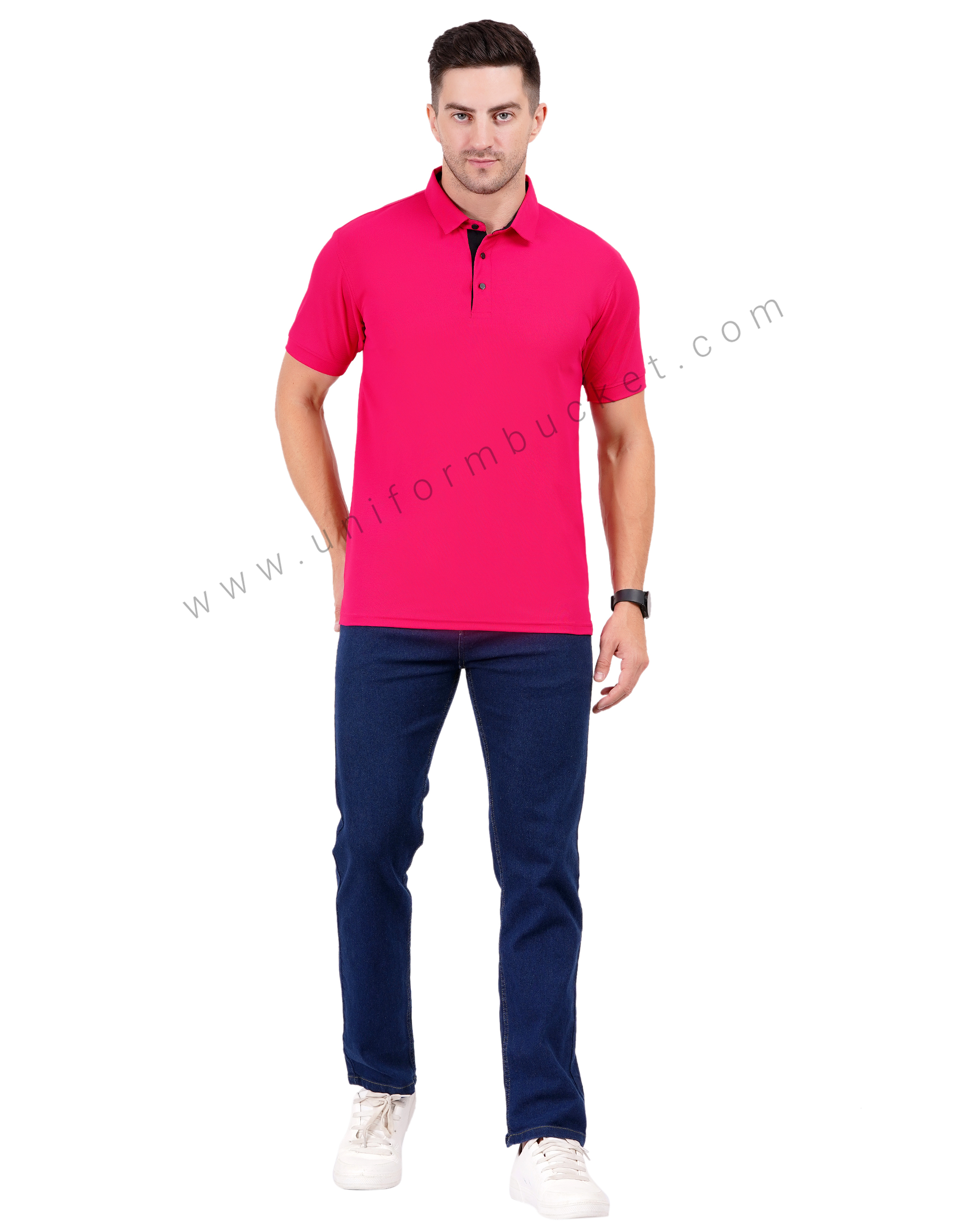 Fuchsia-colored polo T-shirt with sleek black detailing thumbnail 6