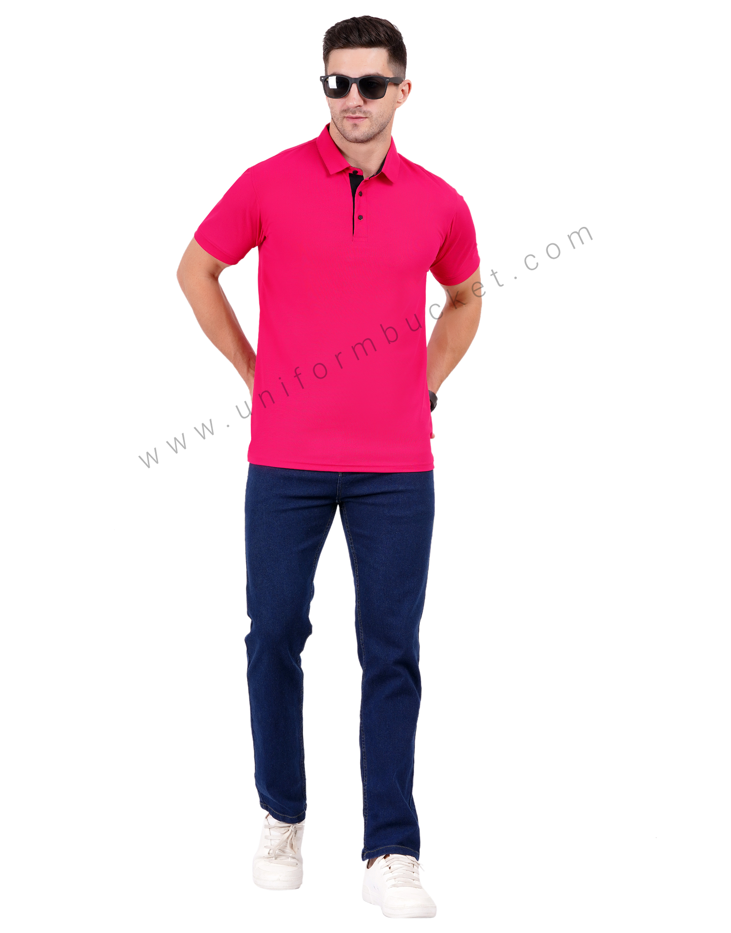 Fuchsia-colored polo T-shirt with sleek black detailing thumbnail 7
