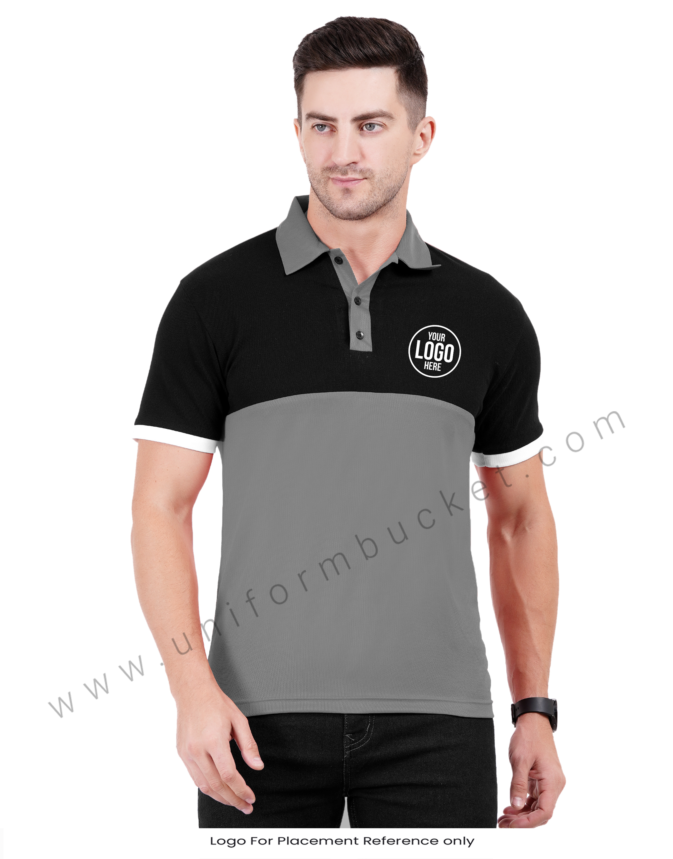 Grey and black color-blocked polo T-shirt view 1