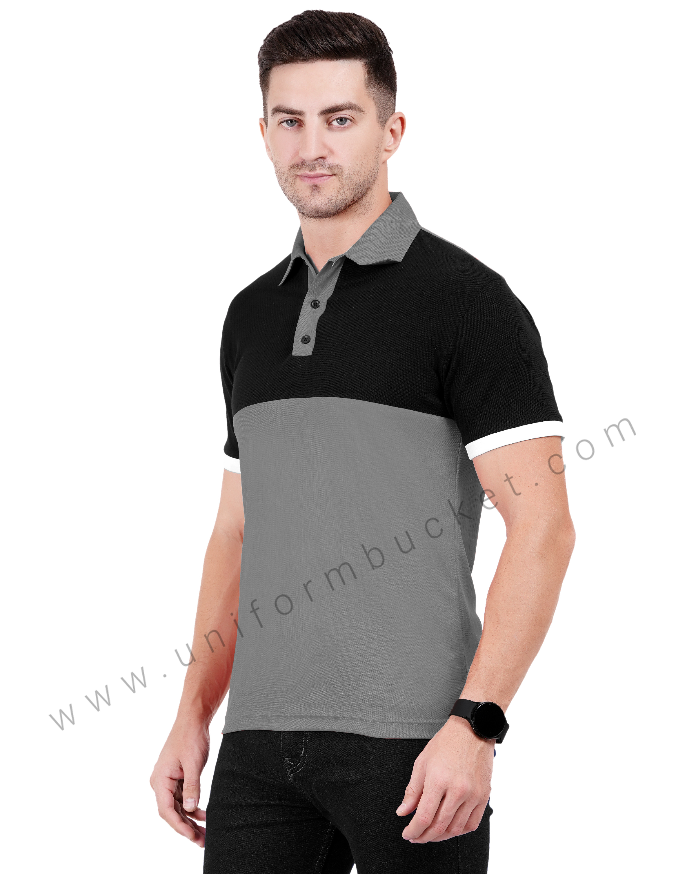 Grey and black color-blocked polo T-shirt thumbnail 2