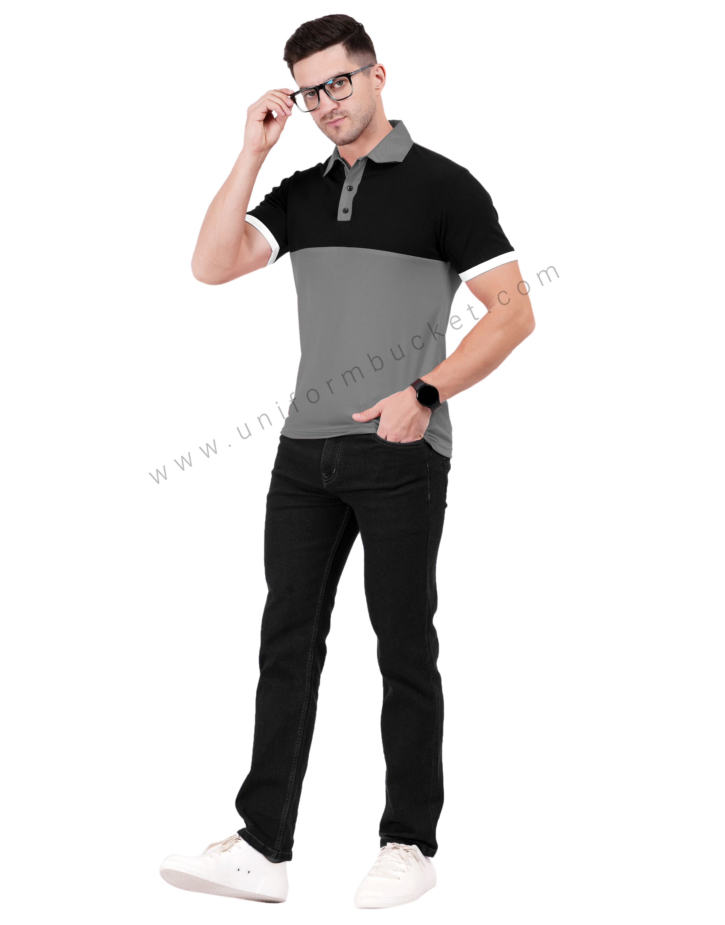 Grey and black color-blocked polo T-shirt thumbnail 5