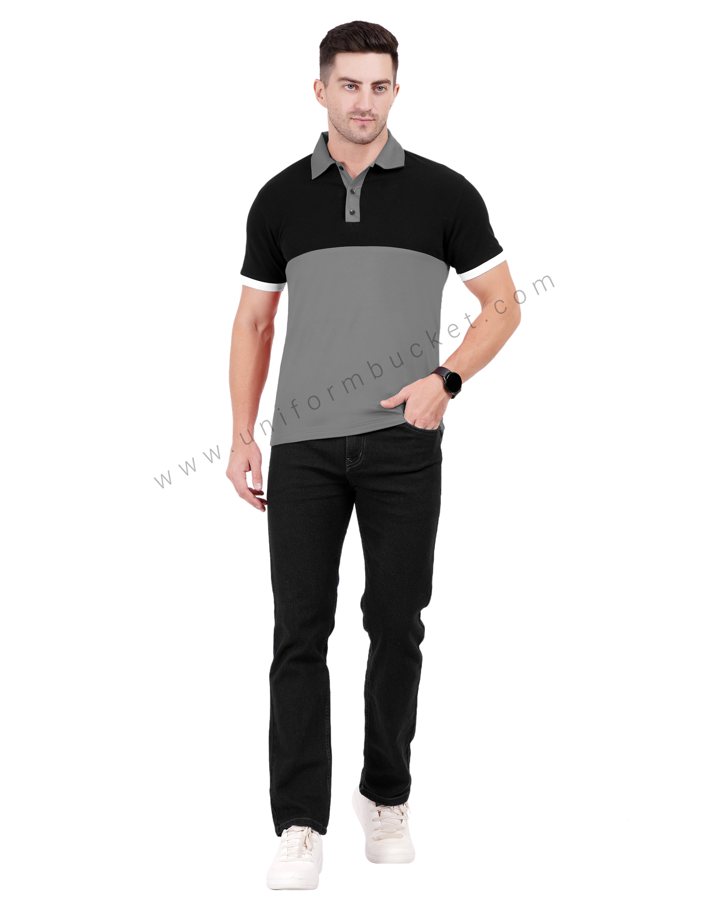 Grey and black color-blocked polo T-shirt thumbnail 6