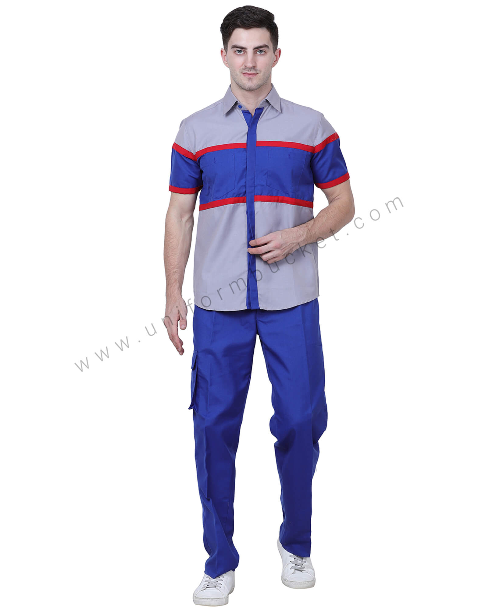 Grey Royal Blue Shirt With Red Trims view 1