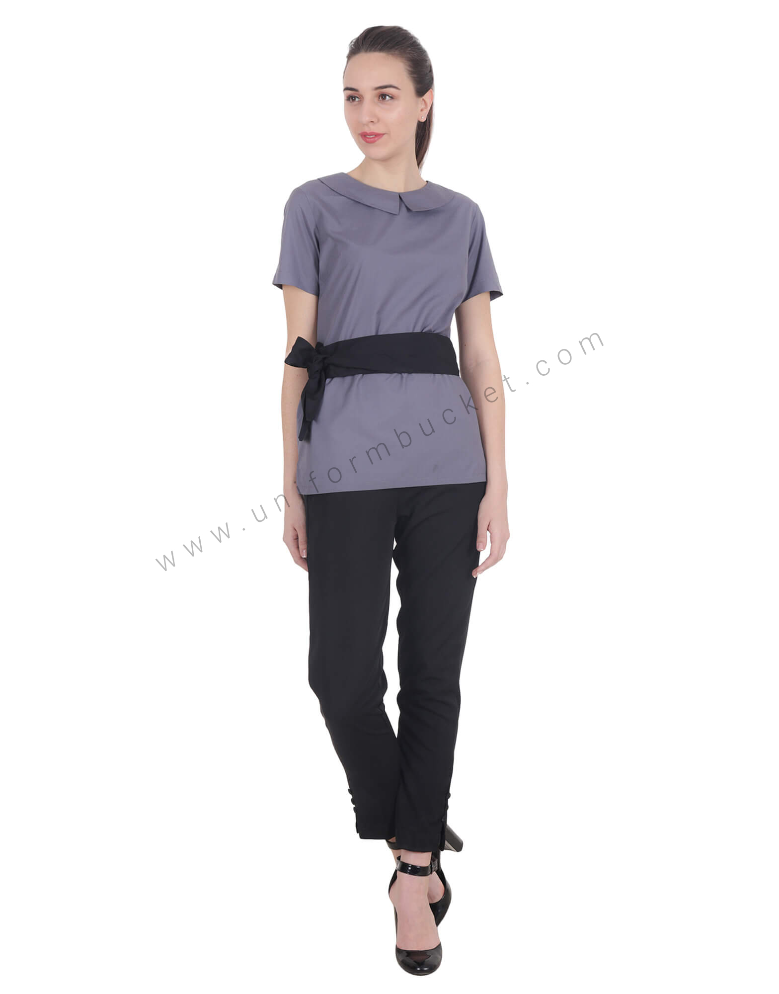 Peter Pan Neck Grey Top With Knotted Belt thumbnail 2