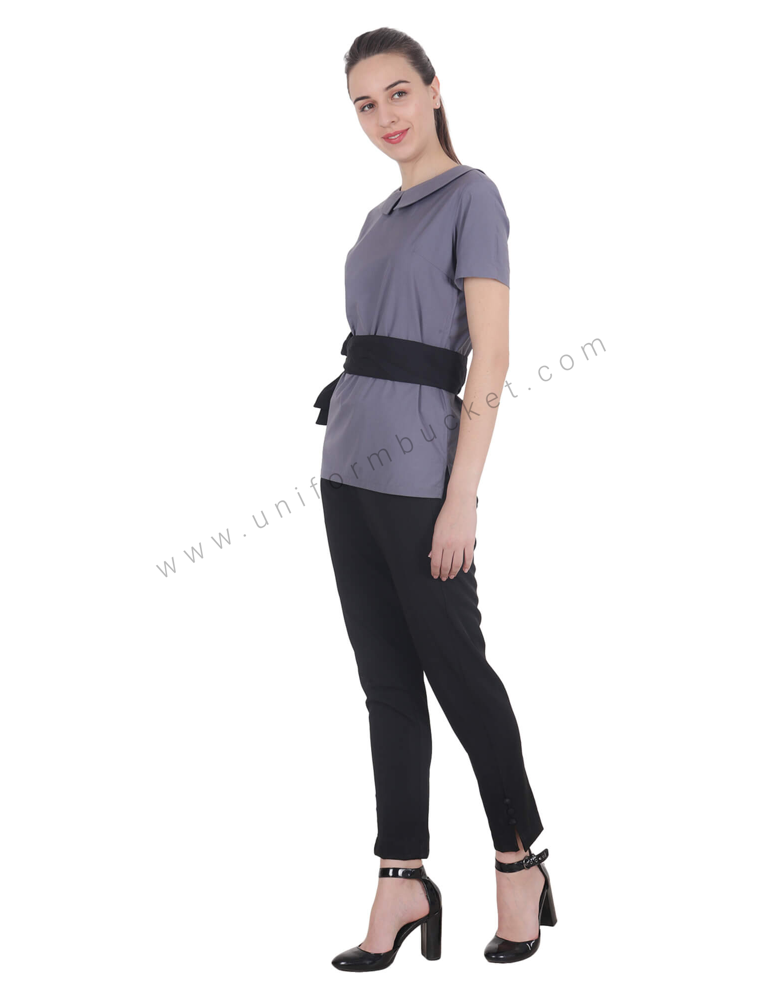 Peter Pan Neck Grey Top With Knotted Belt view 1
