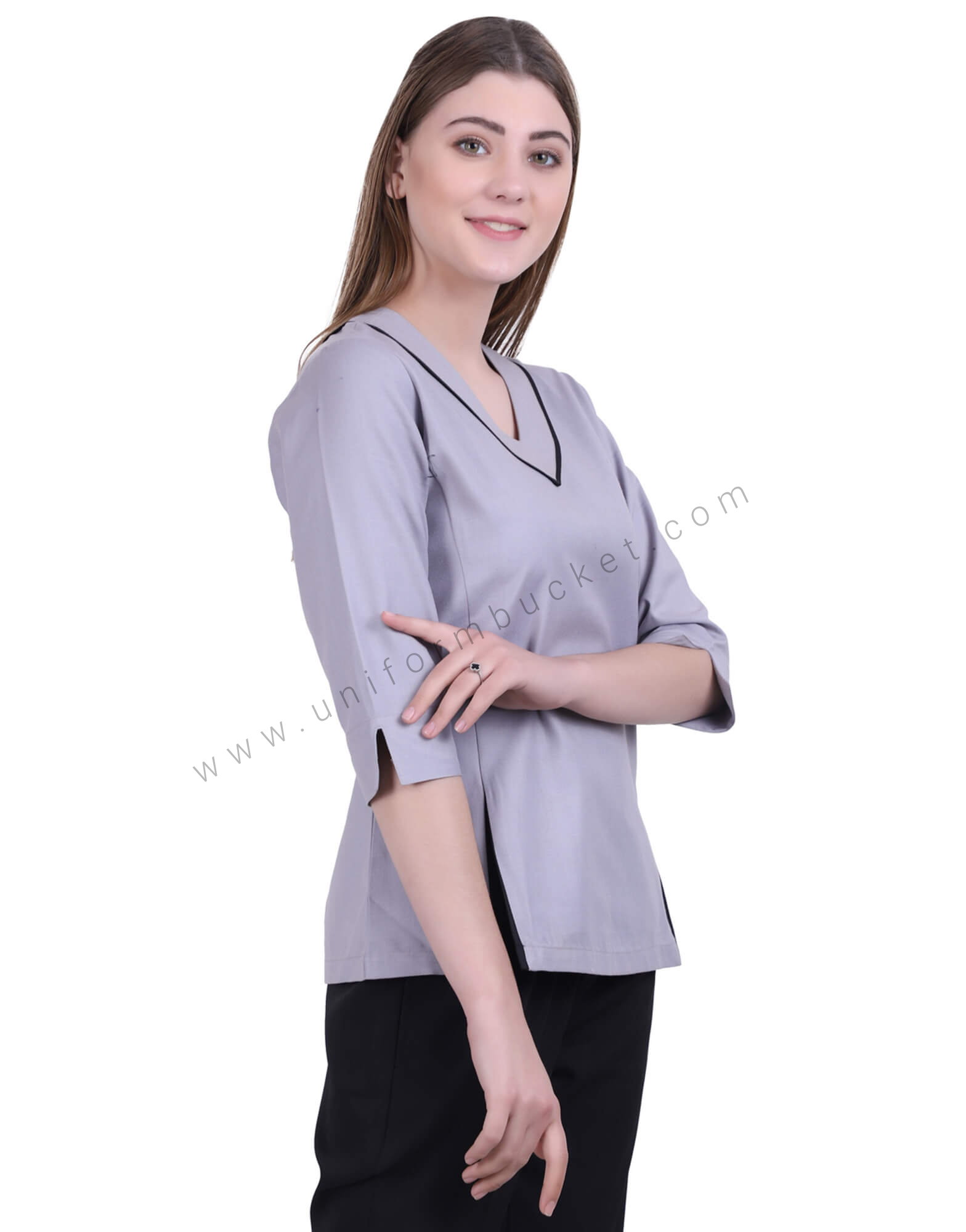 V Neck Grey Tunic With Stylish Slits thumbnail 2