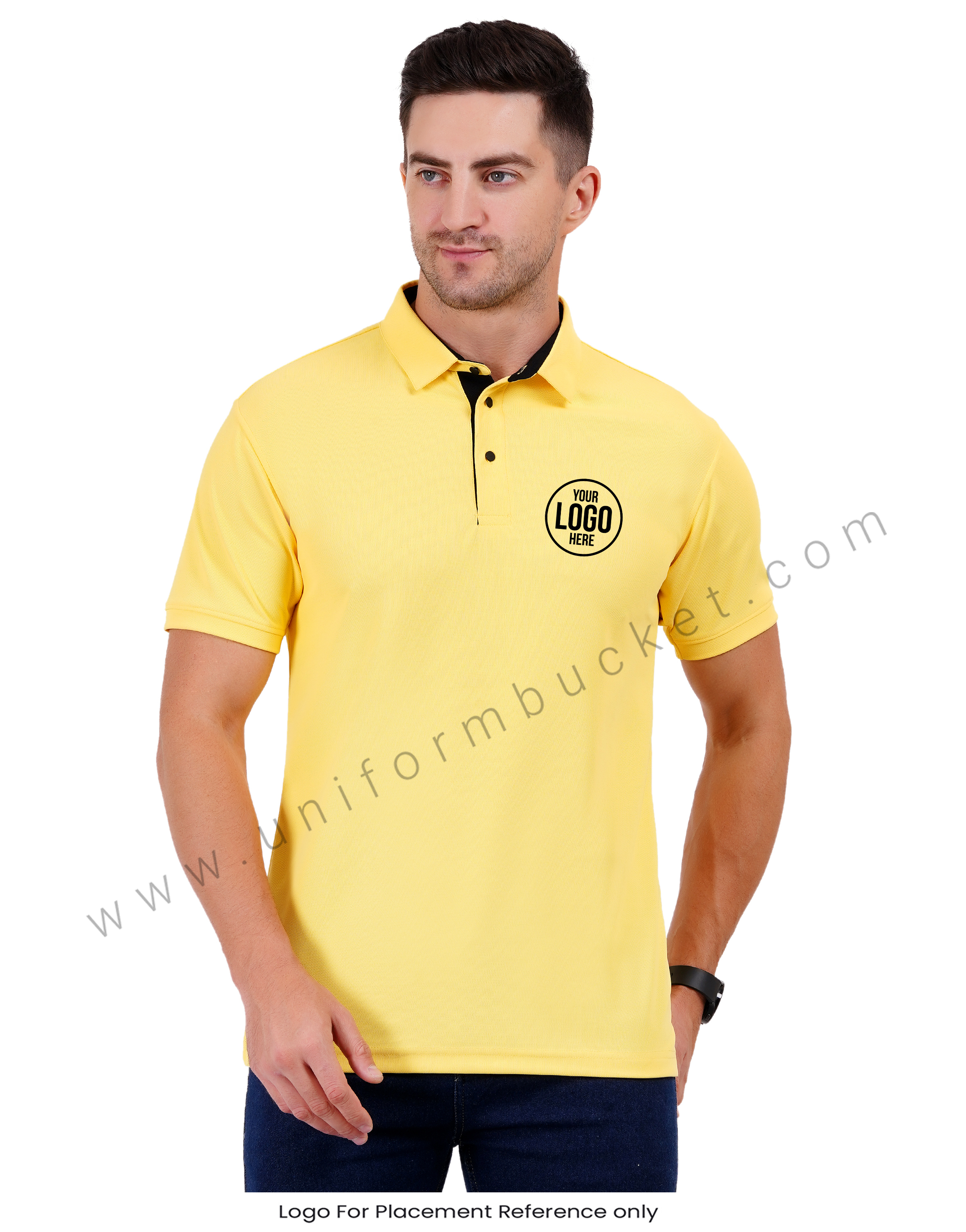 Lemon yellow polo T-shirt with black trim detailing view 1
