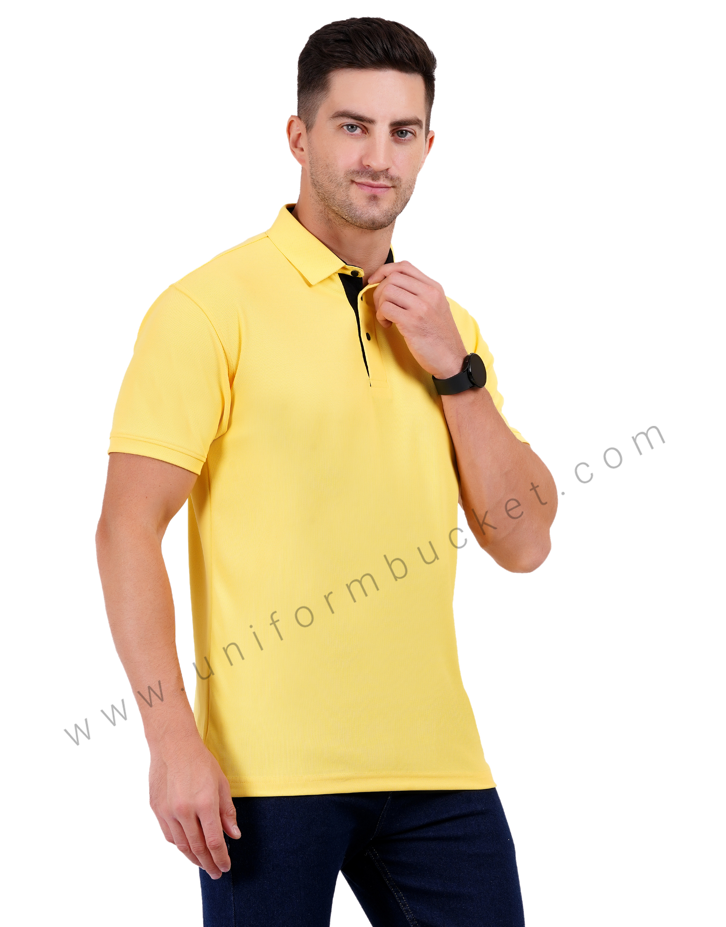 Lemon yellow polo T-shirt with black trim detailing thumbnail 2