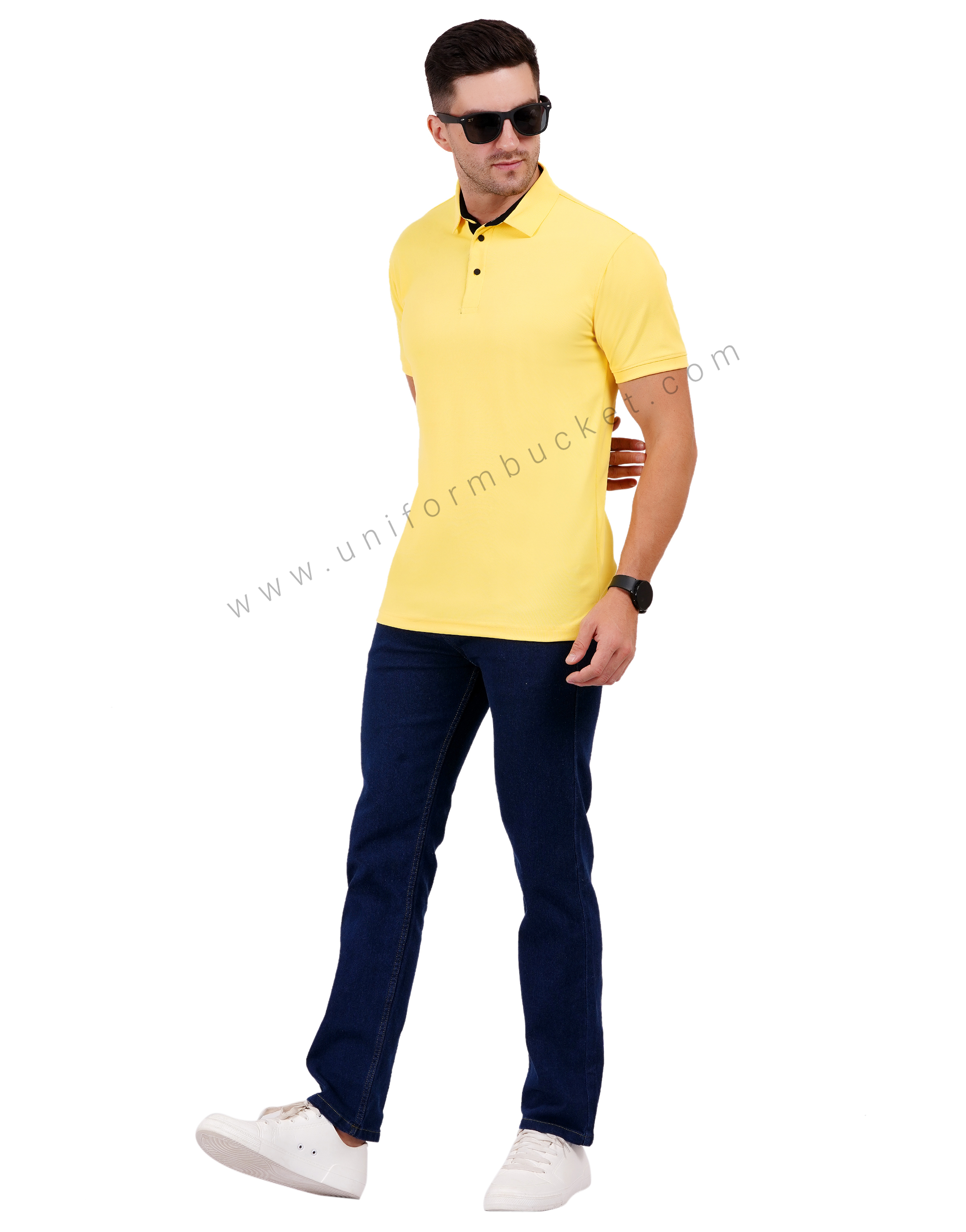 Lemon yellow polo T-shirt with black trim detailing thumbnail 5