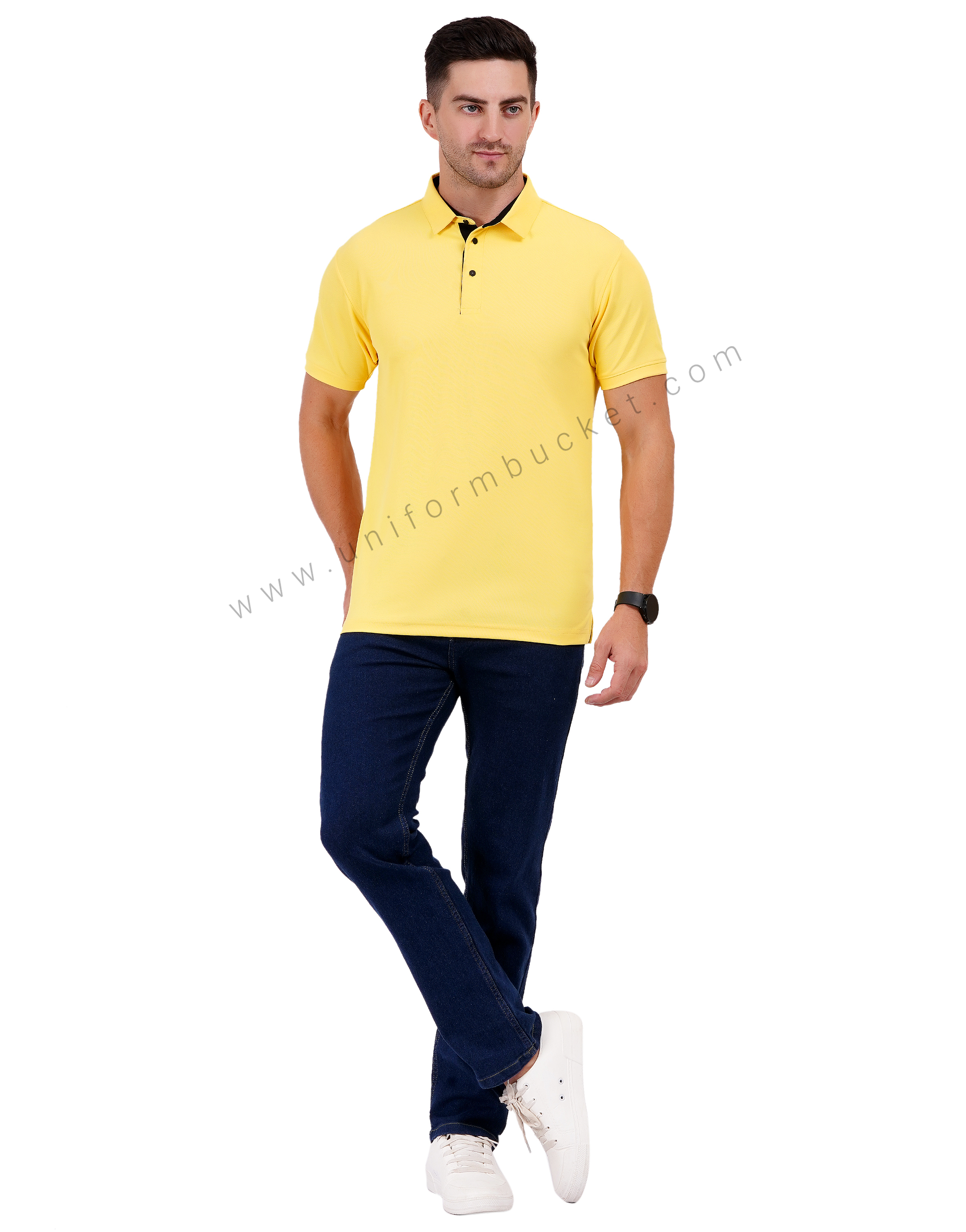 Lemon yellow polo T-shirt with black trim detailing thumbnail 6