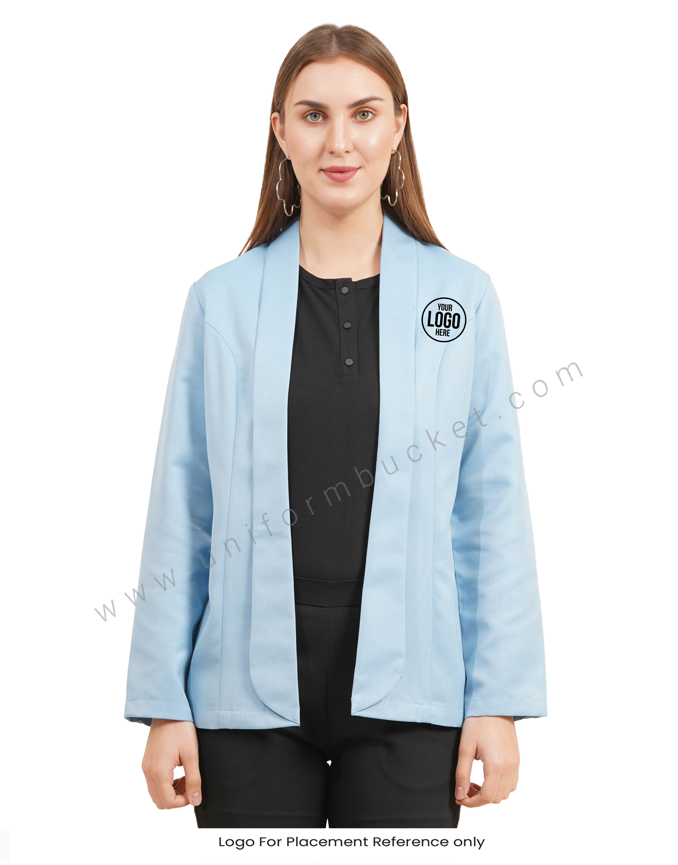 Light Blue Front Open blazer with Shawl collar for female view 1