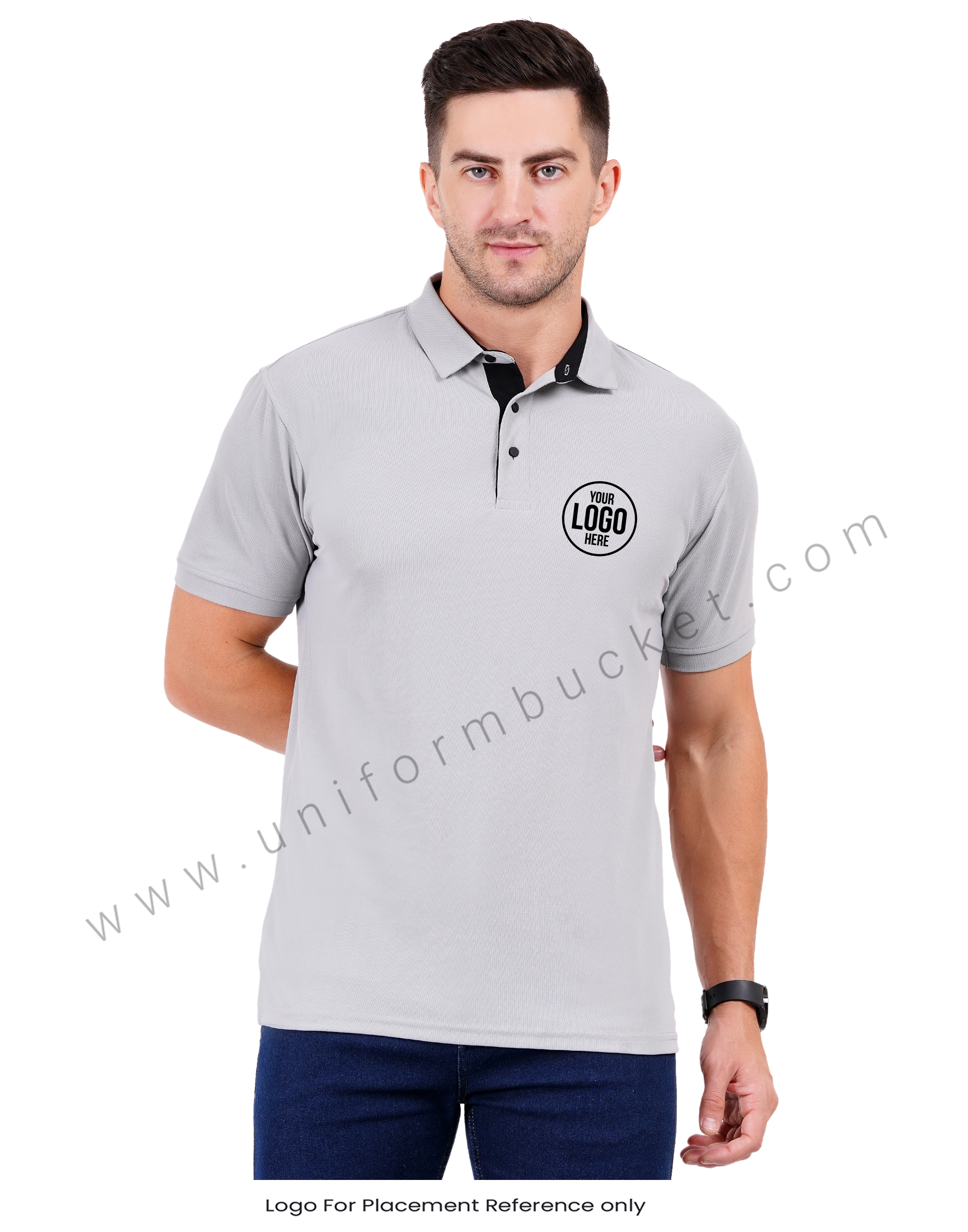 Light Grey polo T-shirt with black trim detailing view 1