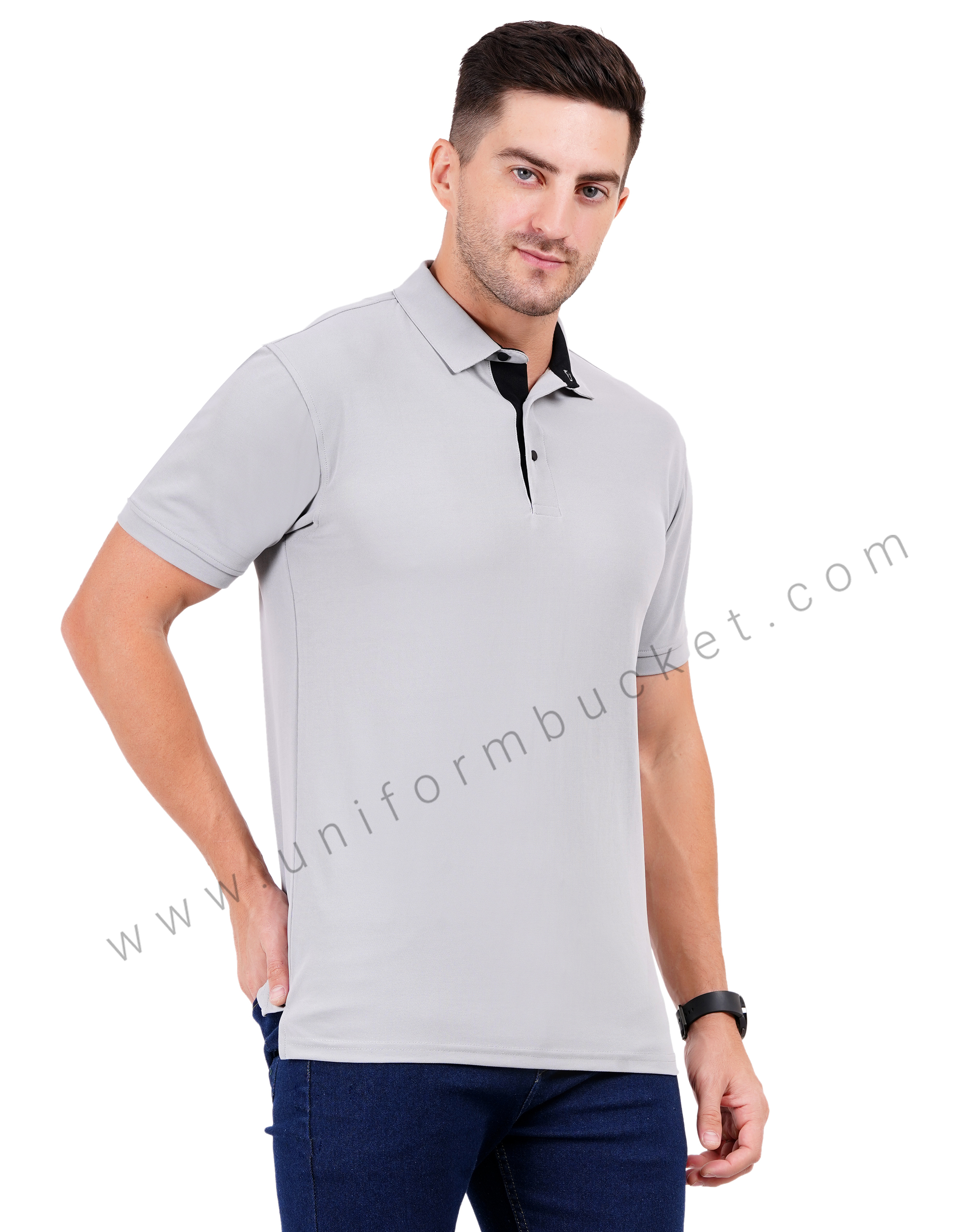 Light Grey polo T-shirt with black trim detailing thumbnail 2