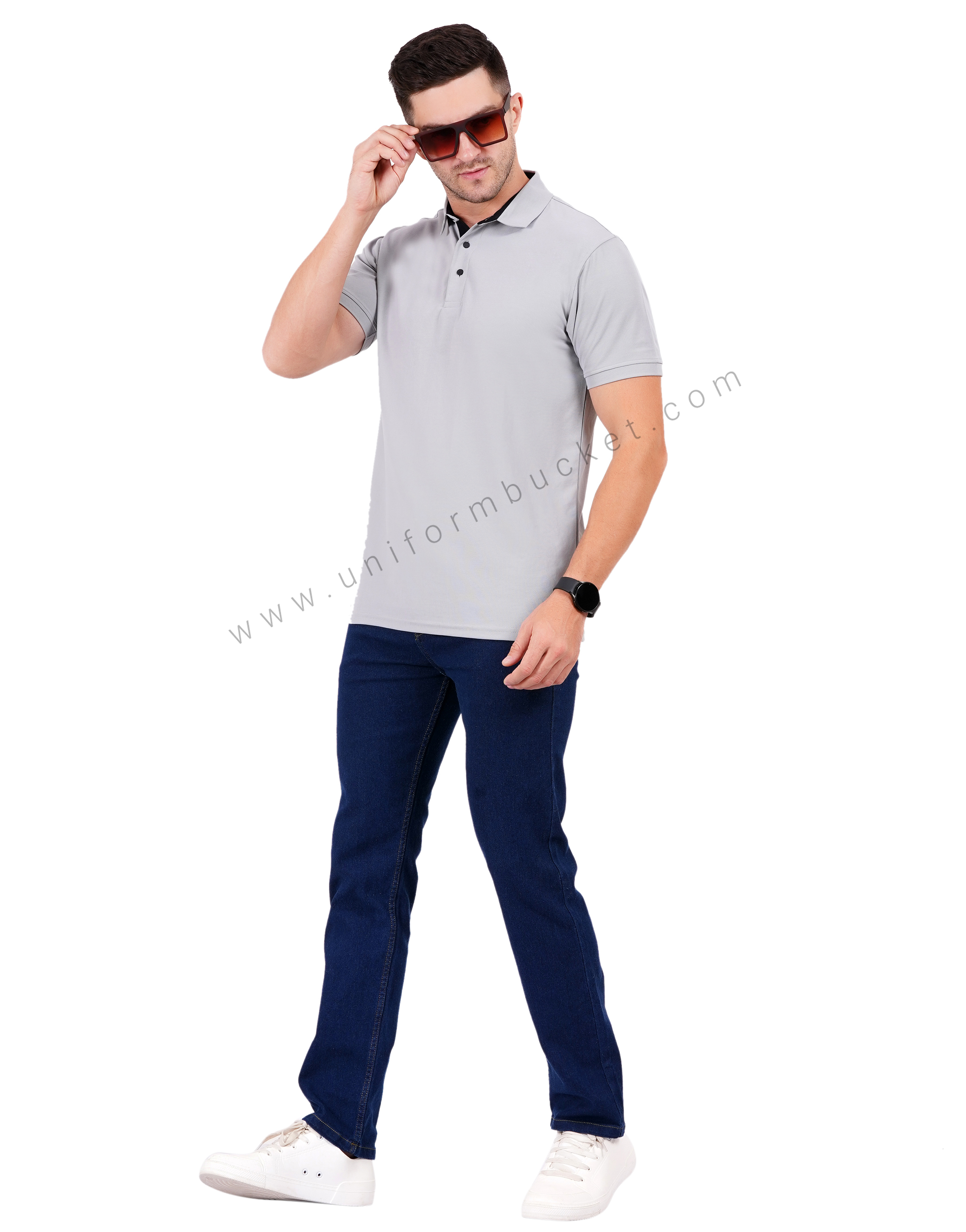 Light Grey polo T-shirt with black trim detailing thumbnail 5