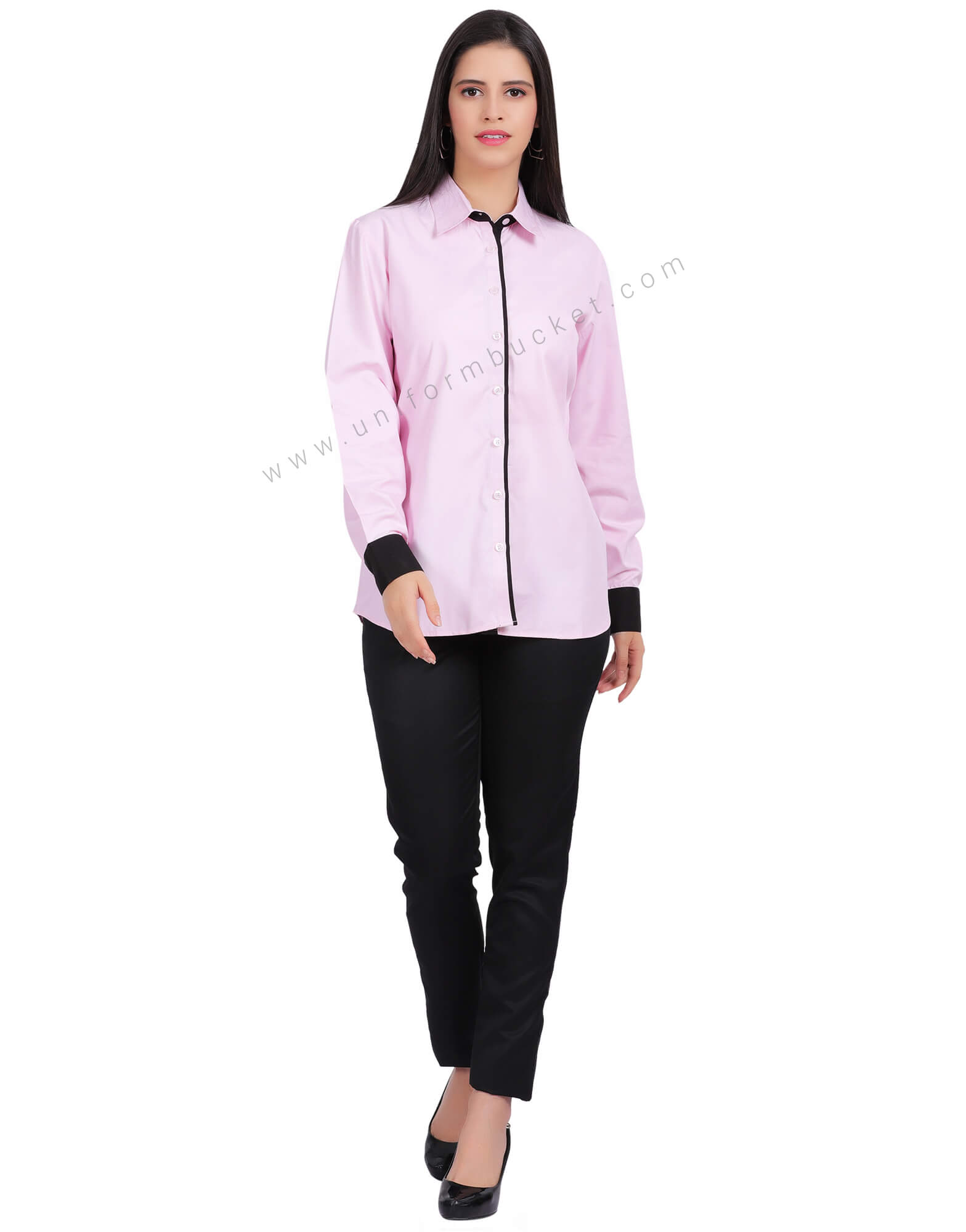 LIGHT PINK FEMALE SHIRT WITH BLACK PIPING & BLACK CUFF thumbnail 2