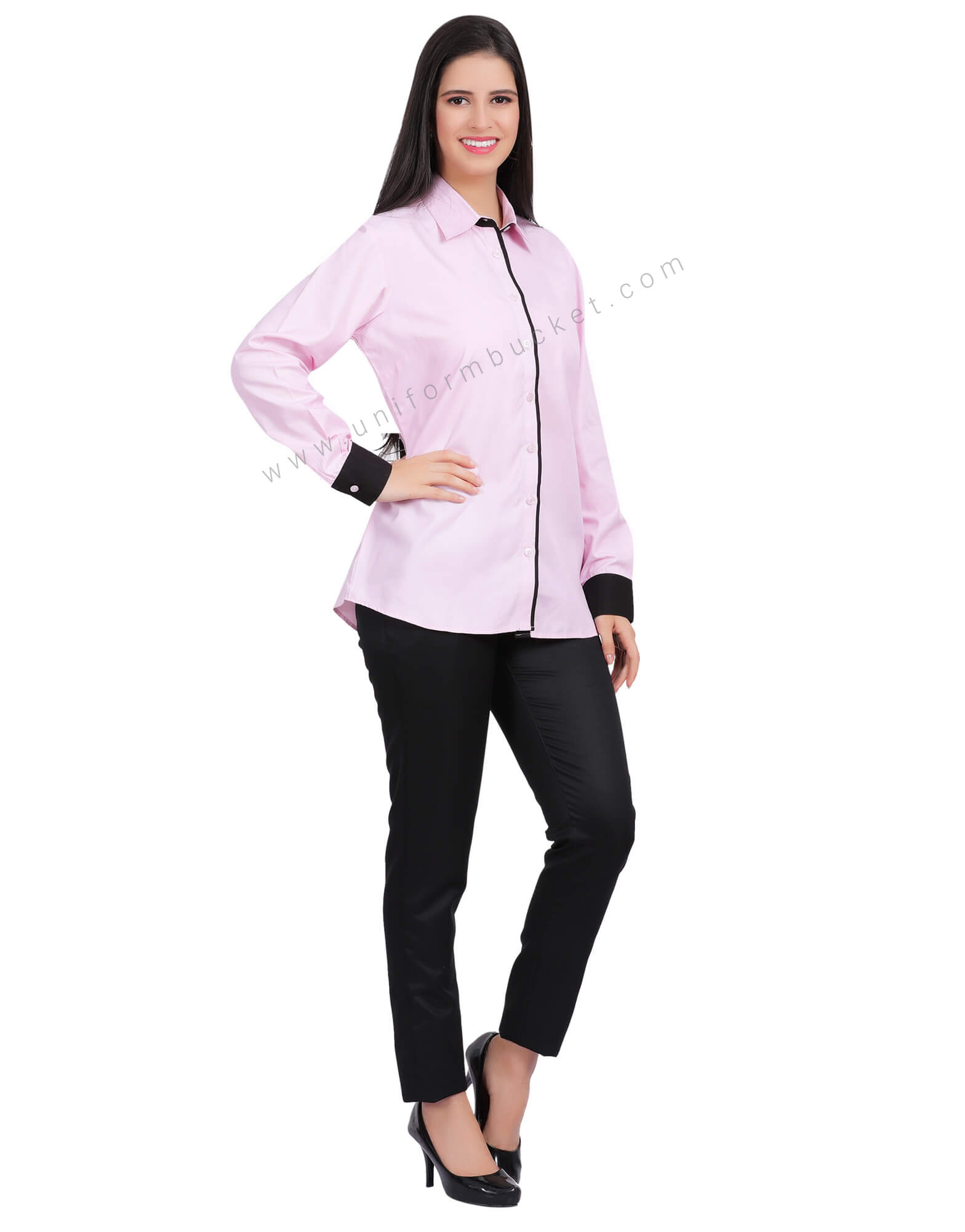 LIGHT PINK FEMALE SHIRT WITH BLACK PIPING & BLACK CUFF thumbnail 3