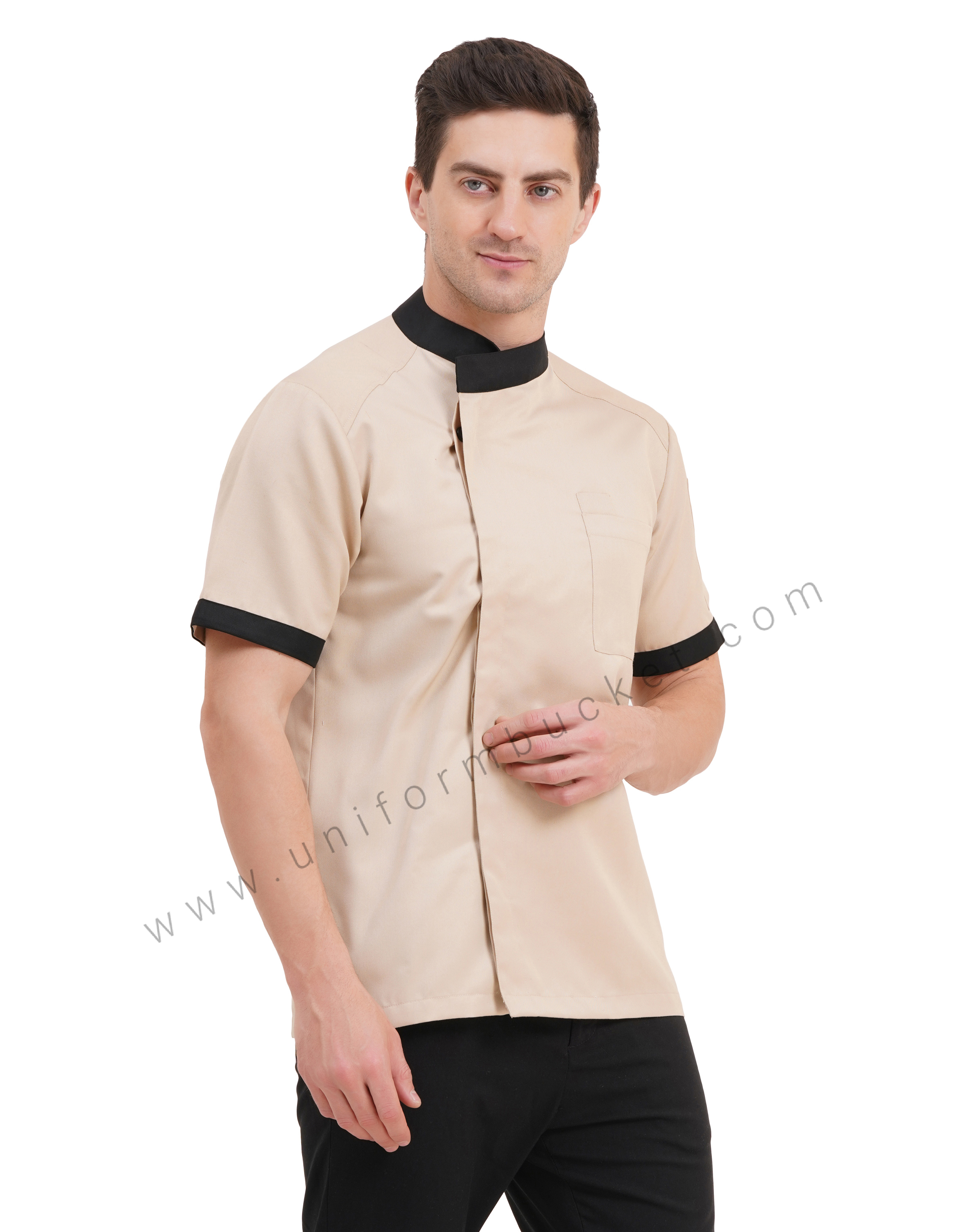 male beige & black  chef jacket with hidden buttons thumbnail 2