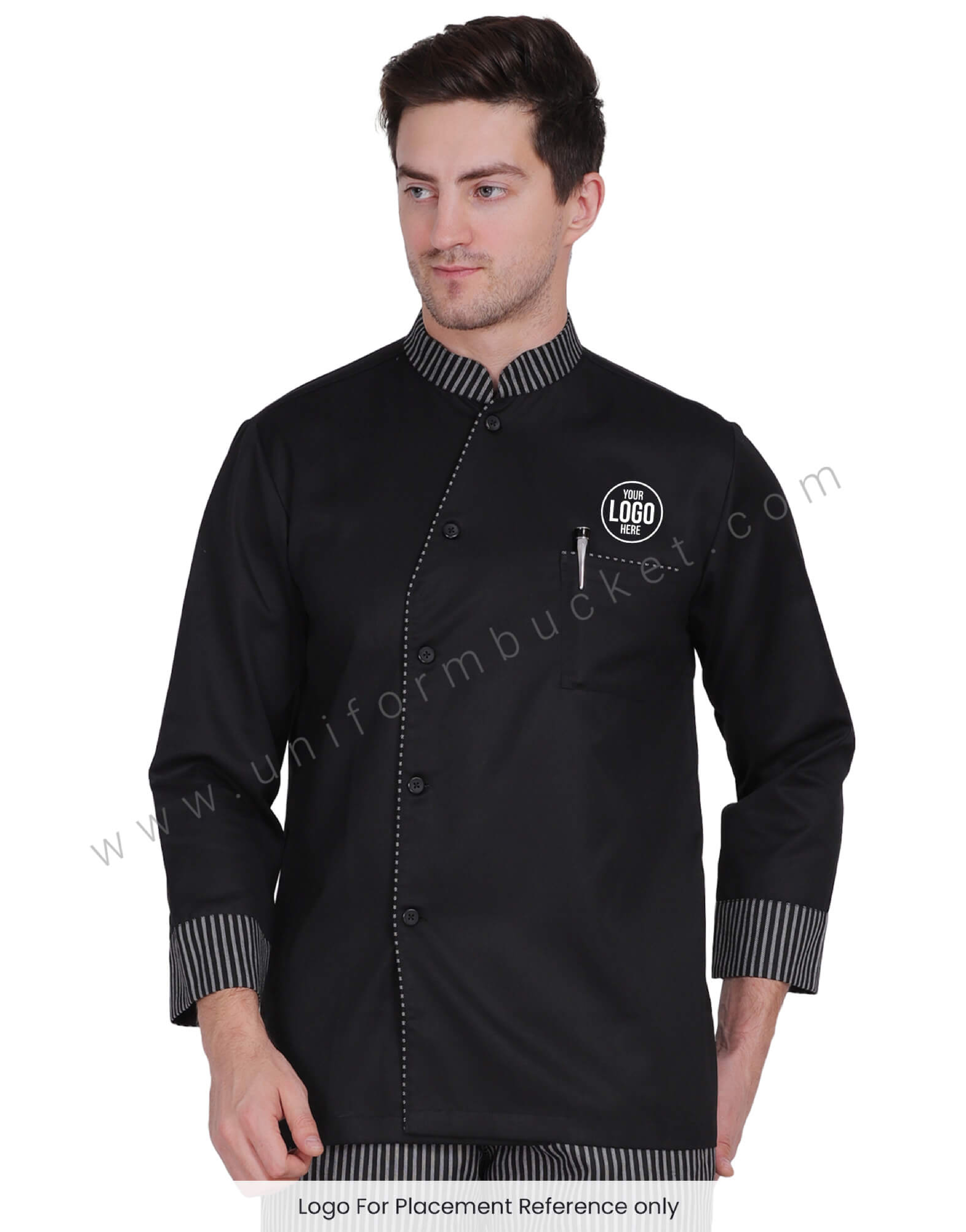 Male Black Chef Coat With Zebra stripe piping thumbnail 5