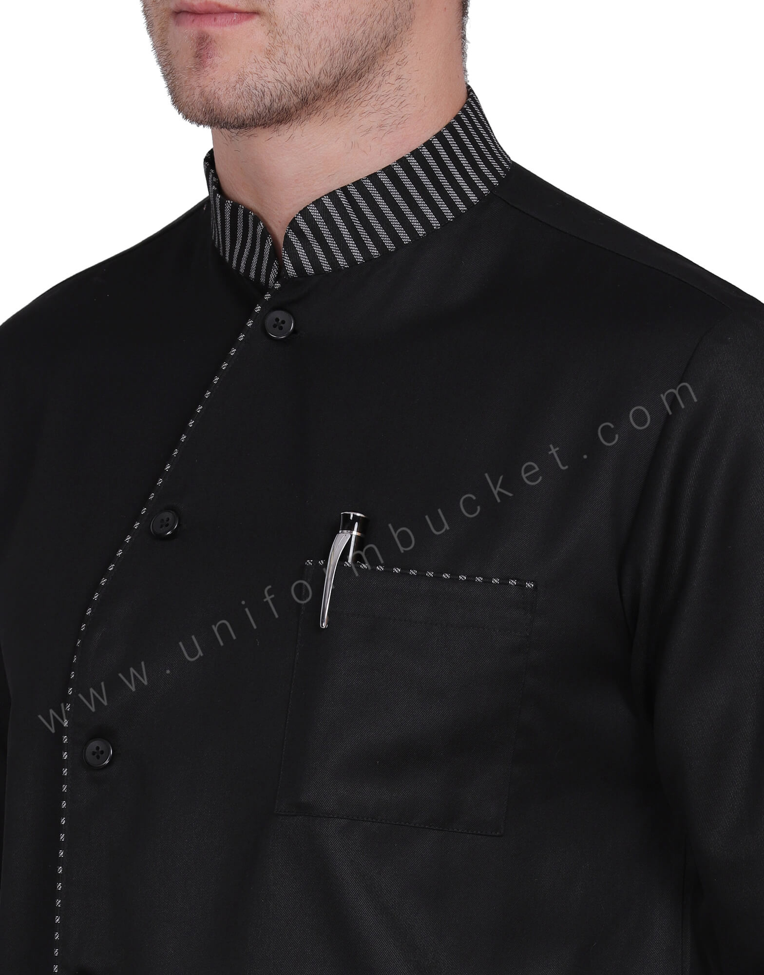 Male Black Chef Coat With Zebra stripe piping thumbnail 4