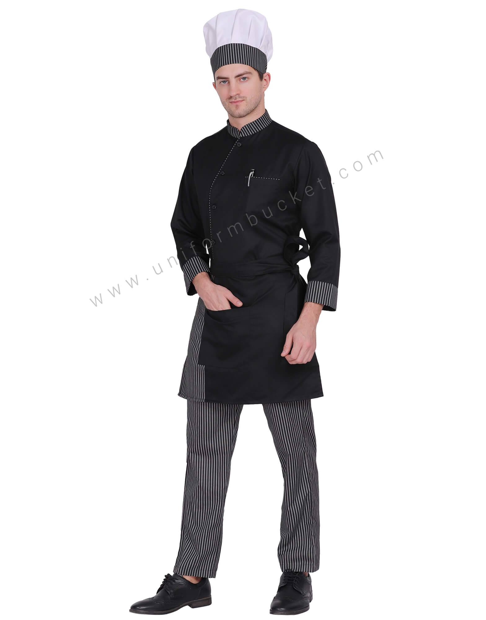 Male Black Chef Coat With Zebra stripe piping view 1
