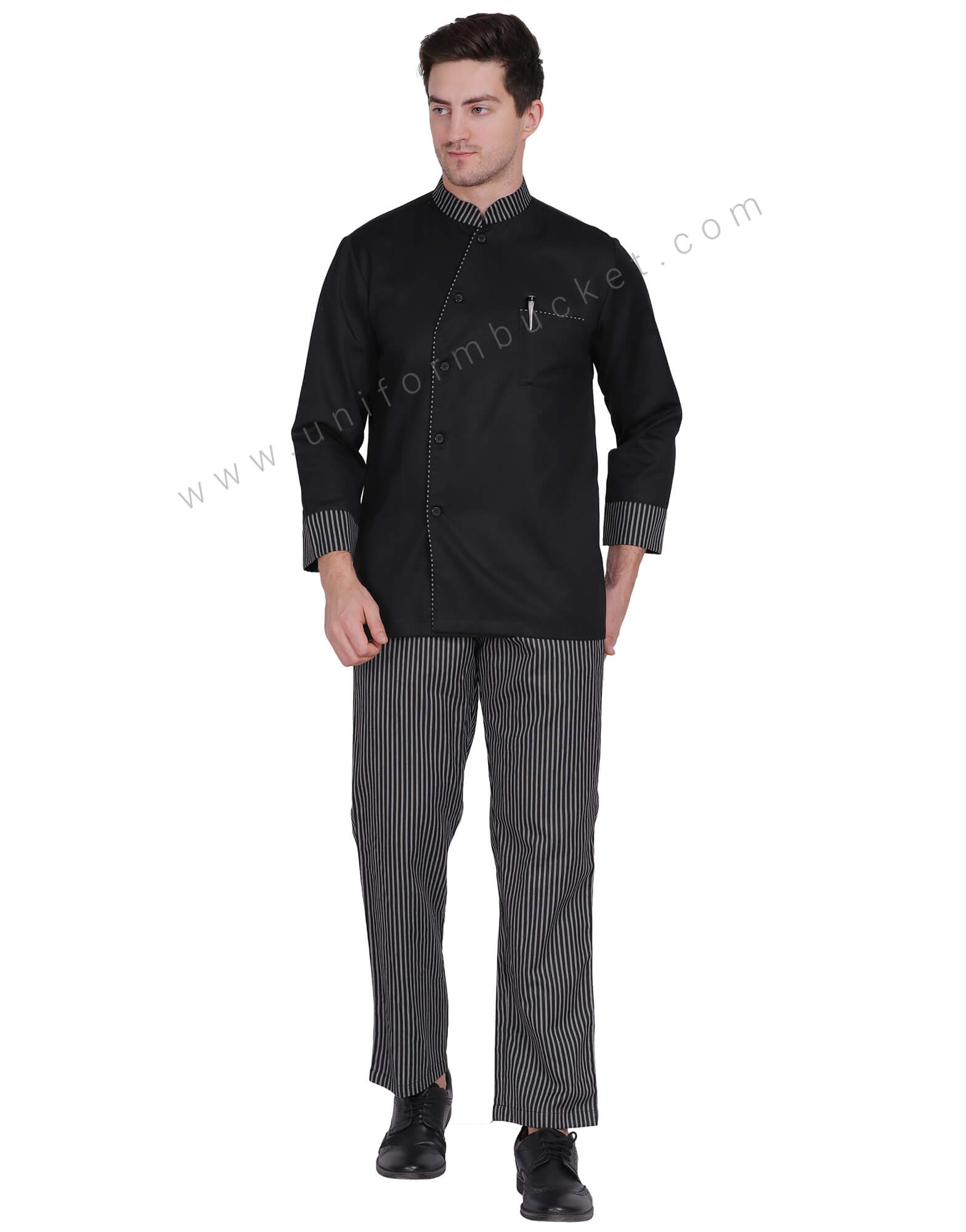 Male Black Chef Coat With Zebra stripe piping thumbnail 2