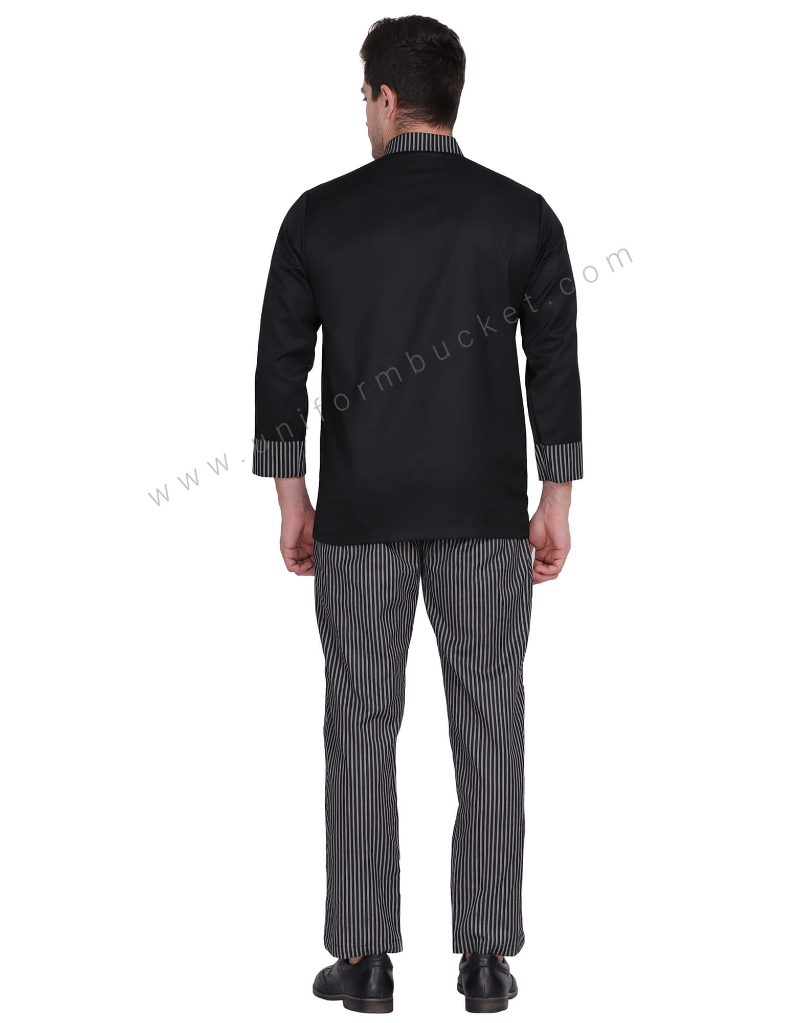 Male Black Chef Coat With Zebra stripe piping thumbnail 3