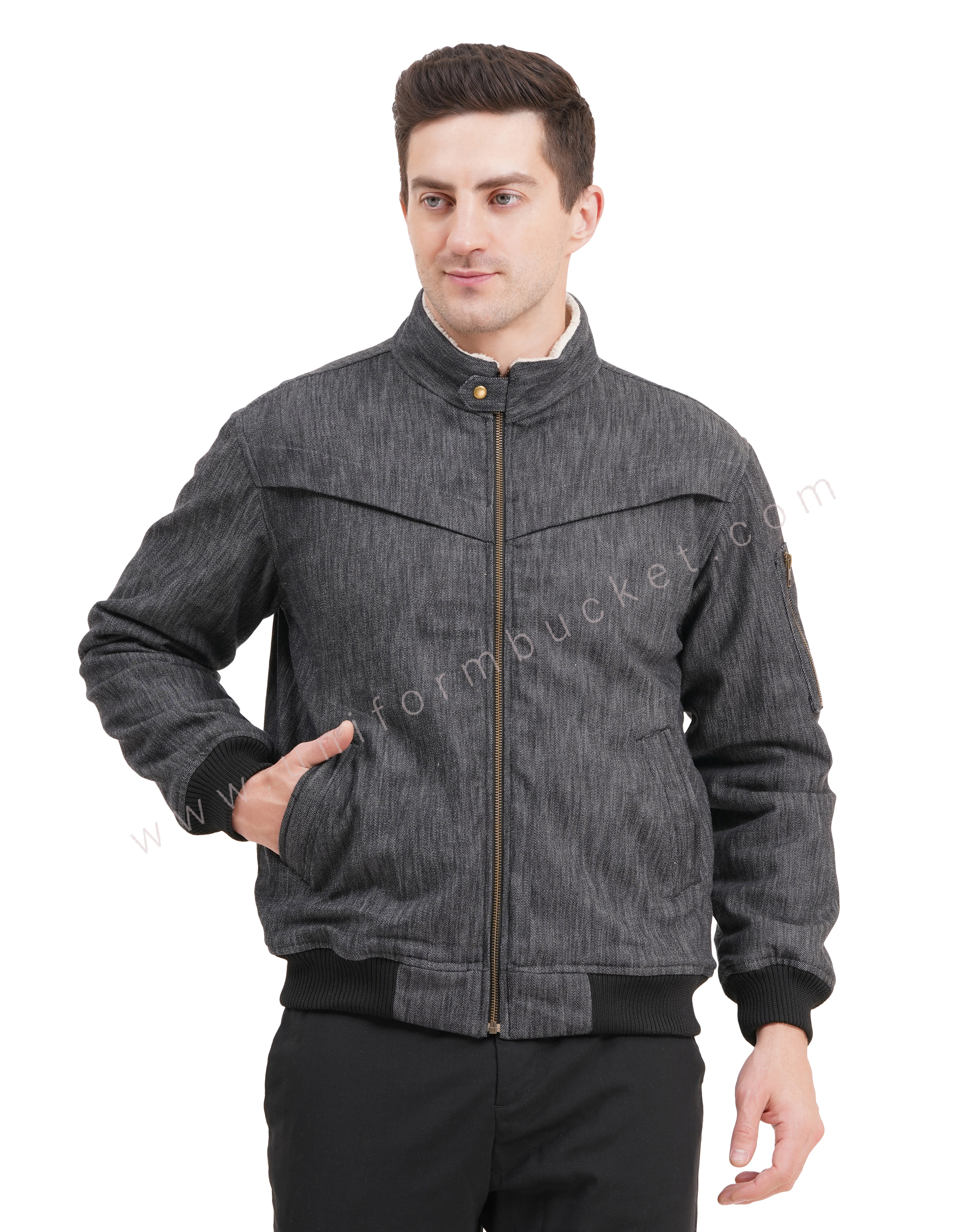 male black denim jacket with front cross pleat & front zip view 1