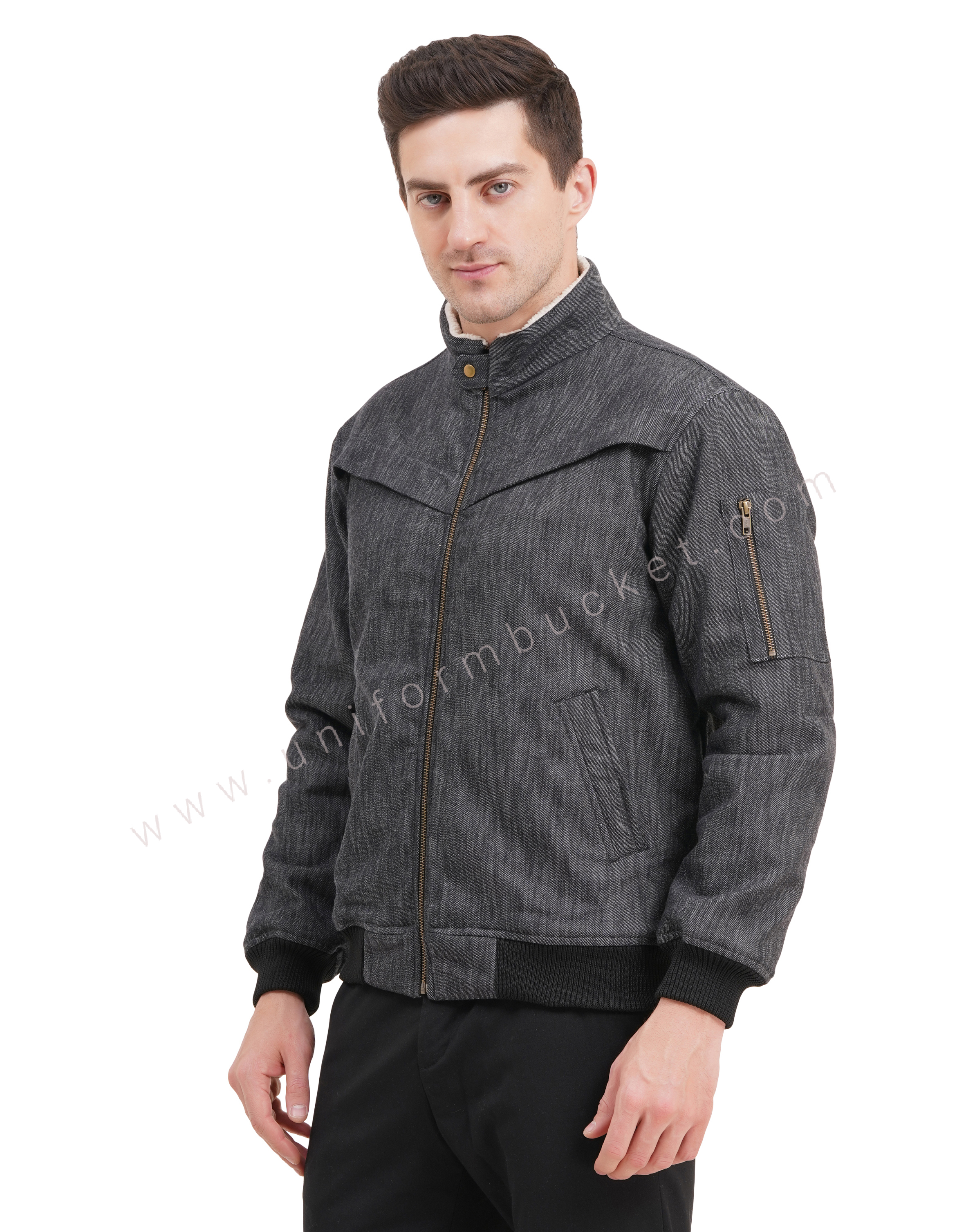 male black denim jacket with front cross pleat & front zip thumbnail 2