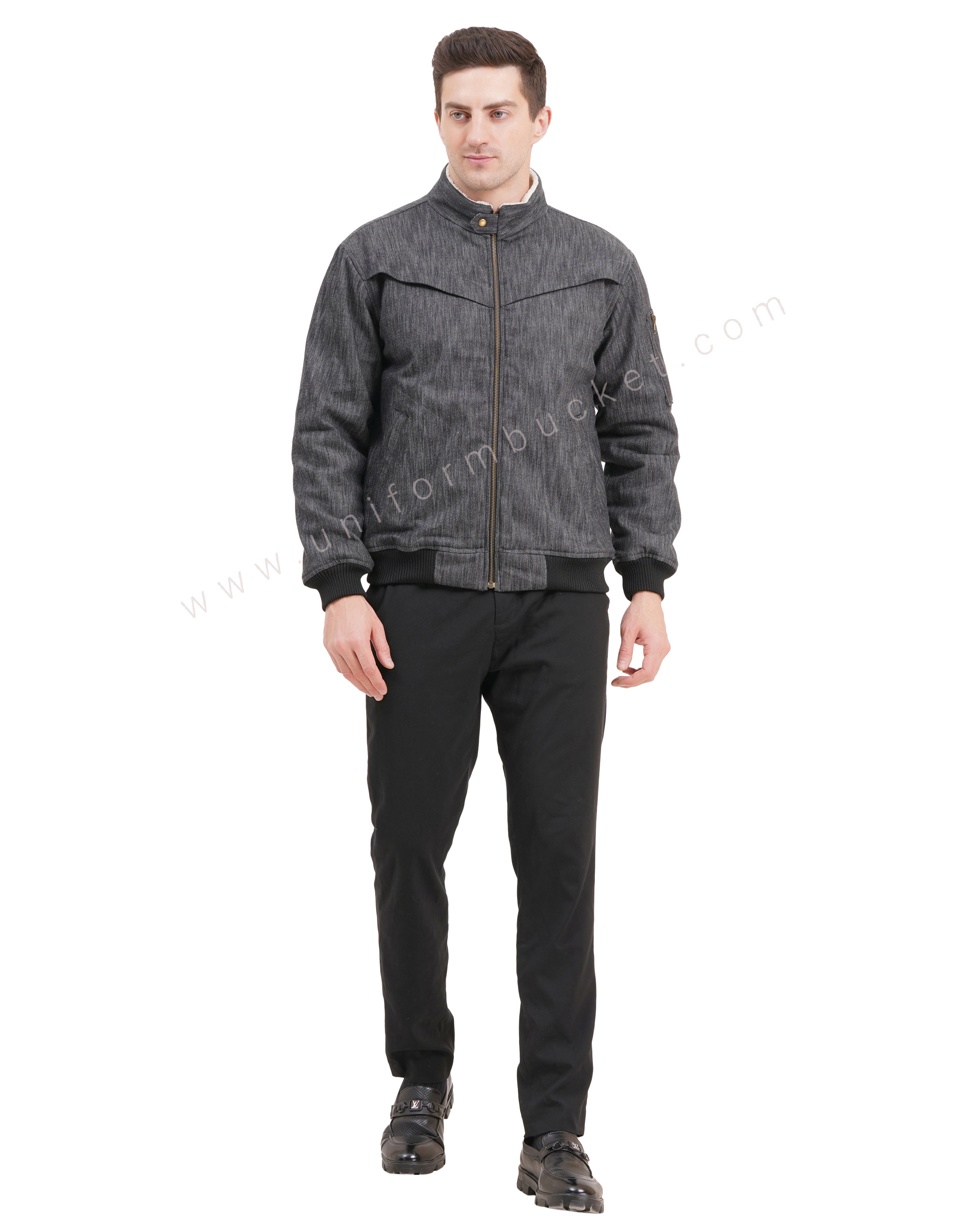 male black denim jacket with front cross pleat & front zip thumbnail 4