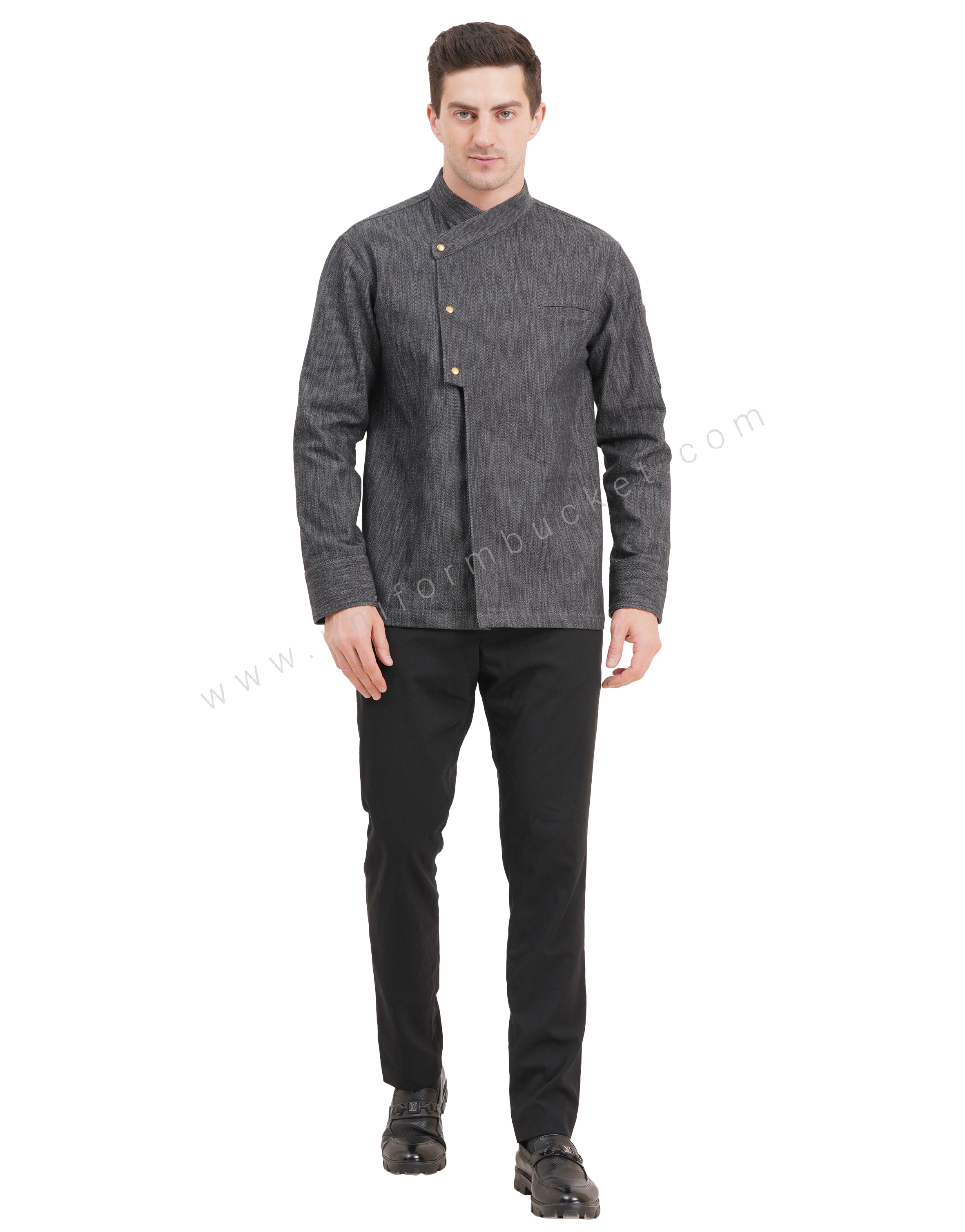 Male black denim stylish  chef coat with chest cut pocket view 1