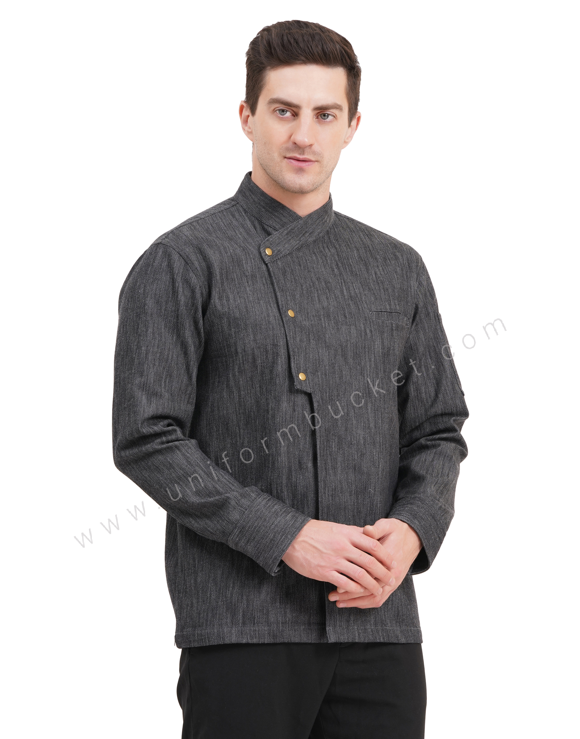 Male black denim stylish  chef coat with chest cut pocket thumbnail 3