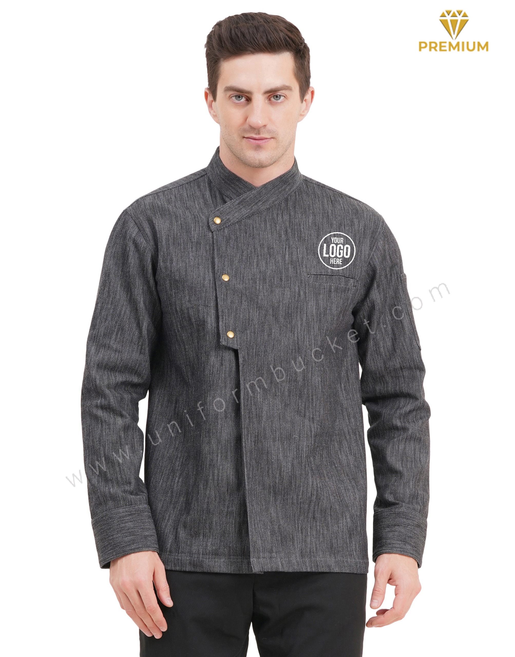 Male black denim stylish  chef coat with chest cut pocket thumbnail 6