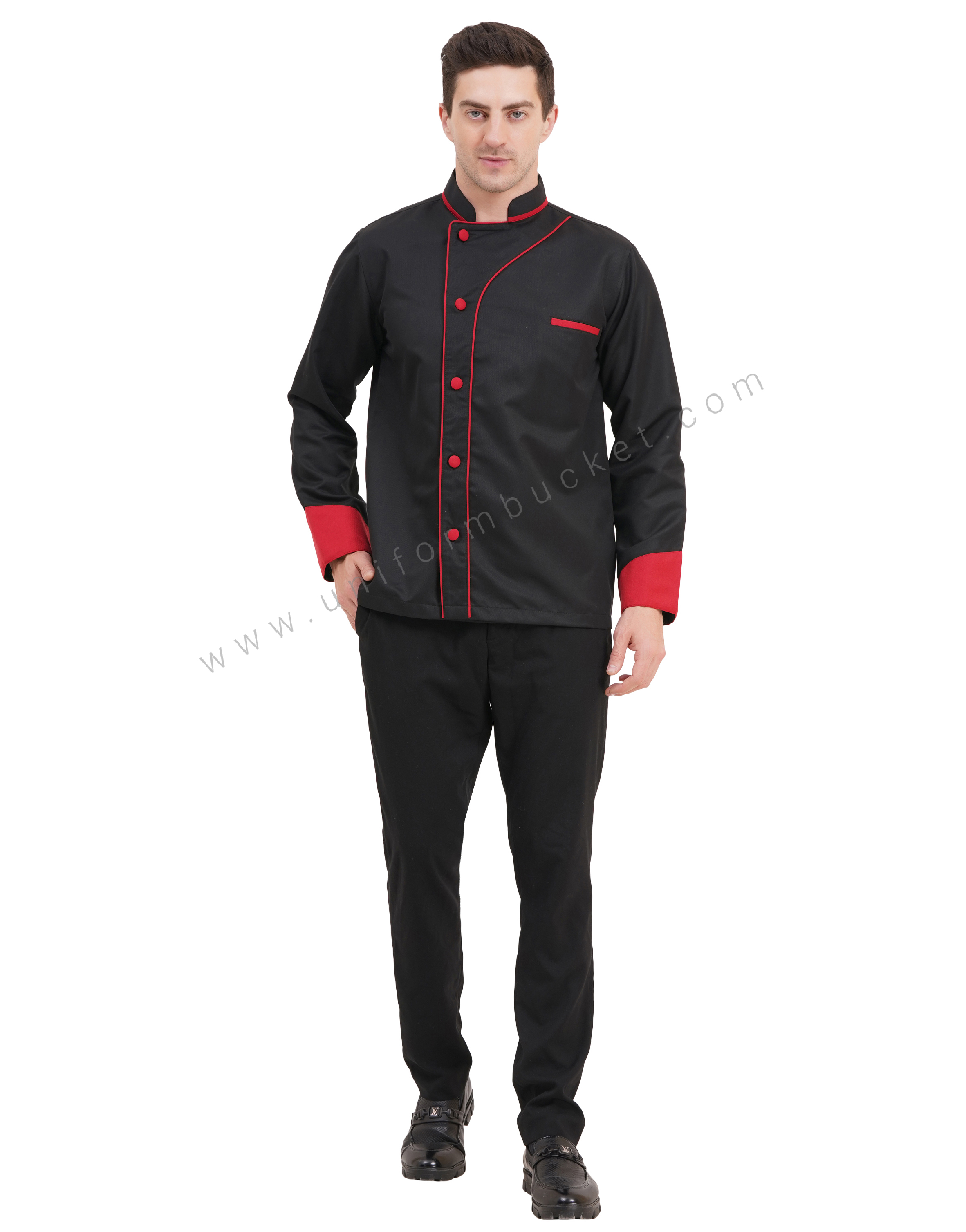 male black designer chef coat with red front piping & red cuff view 2
