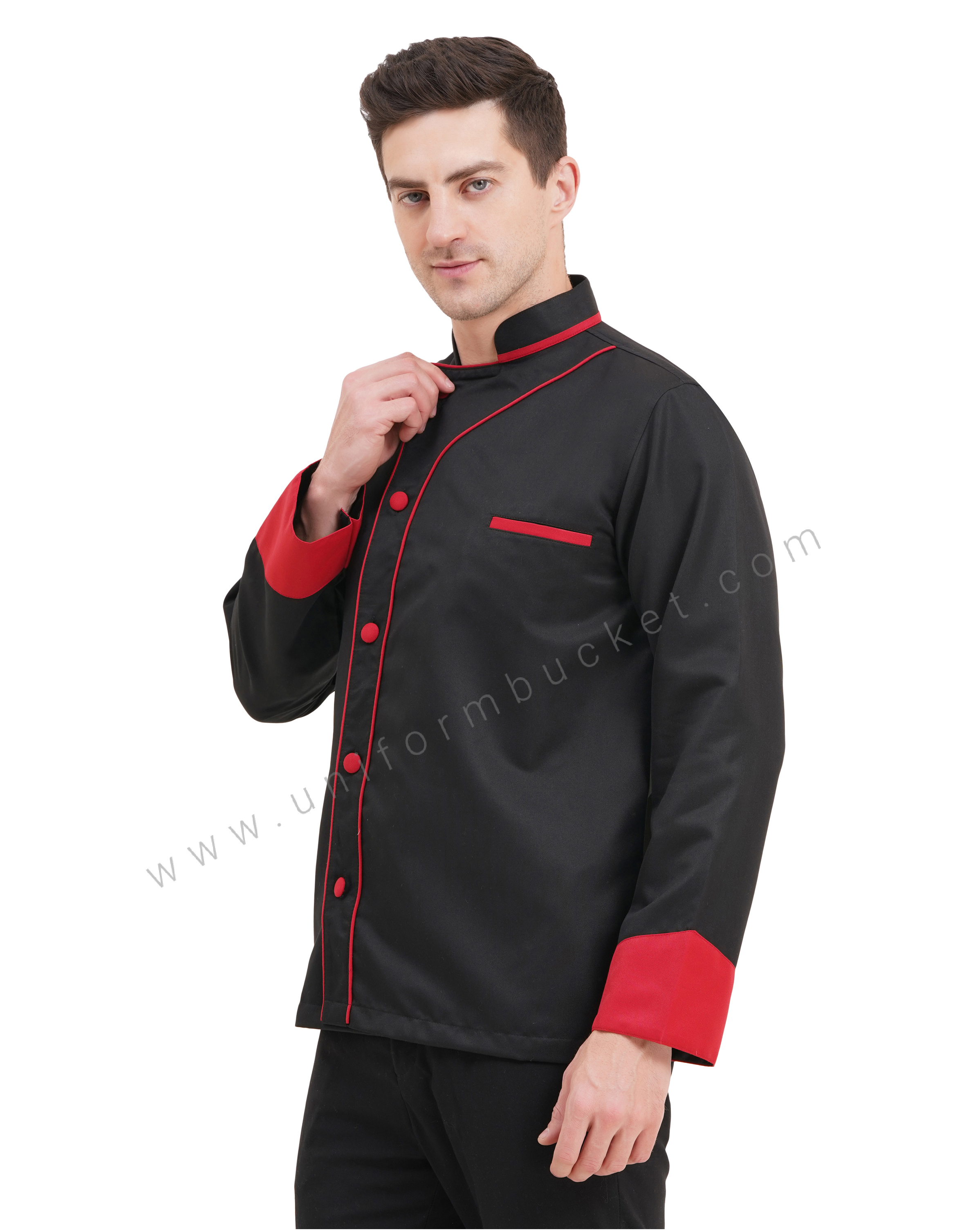 male black designer chef coat with red front piping & red cuff view 3