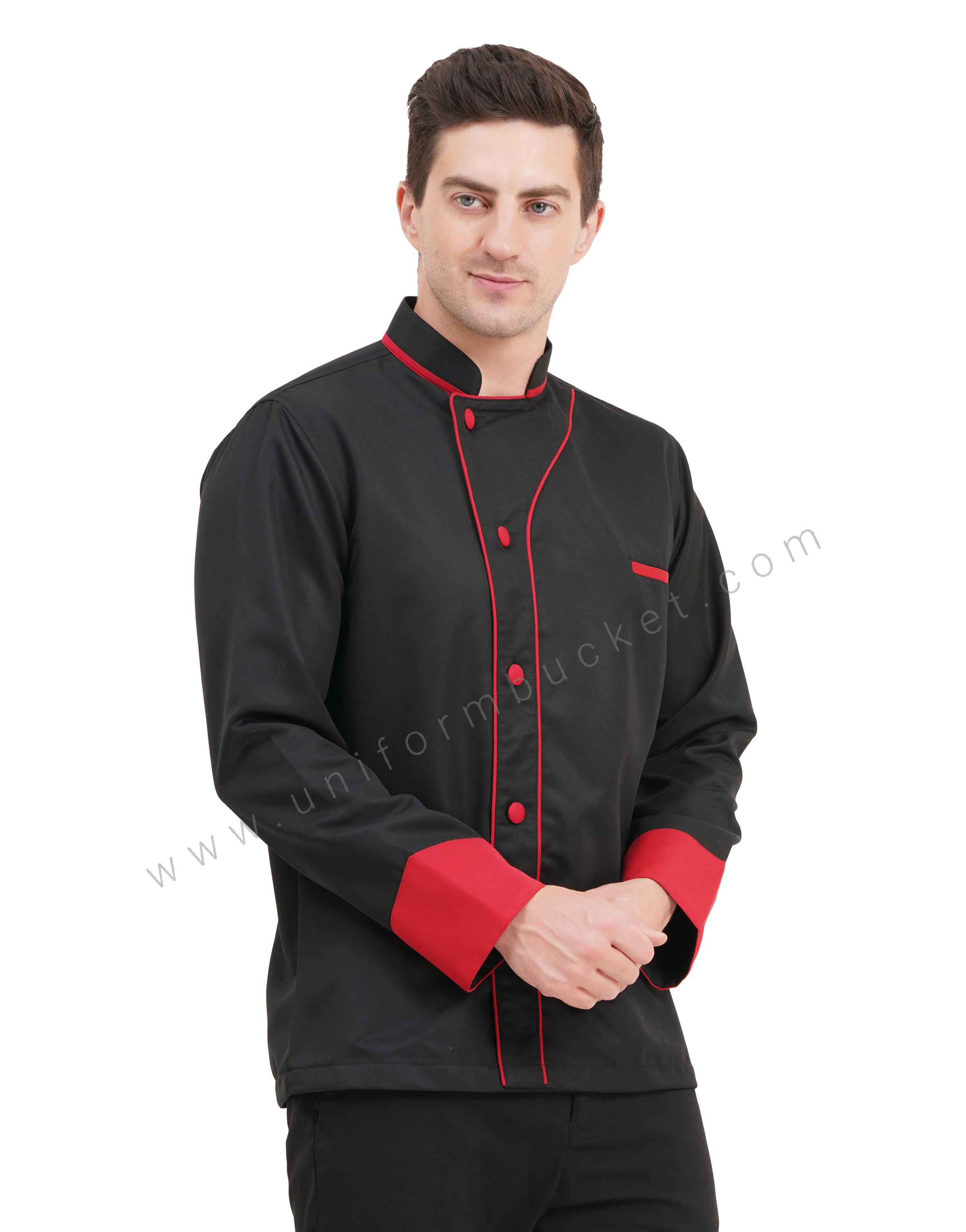 male black designer chef coat with red front piping & red cuff view 4