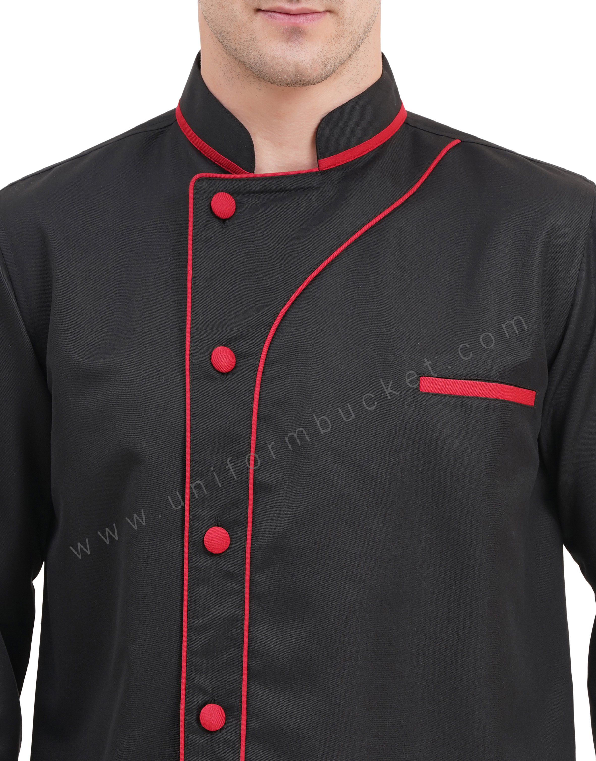 male black designer chef coat with red front piping & red cuff view 5