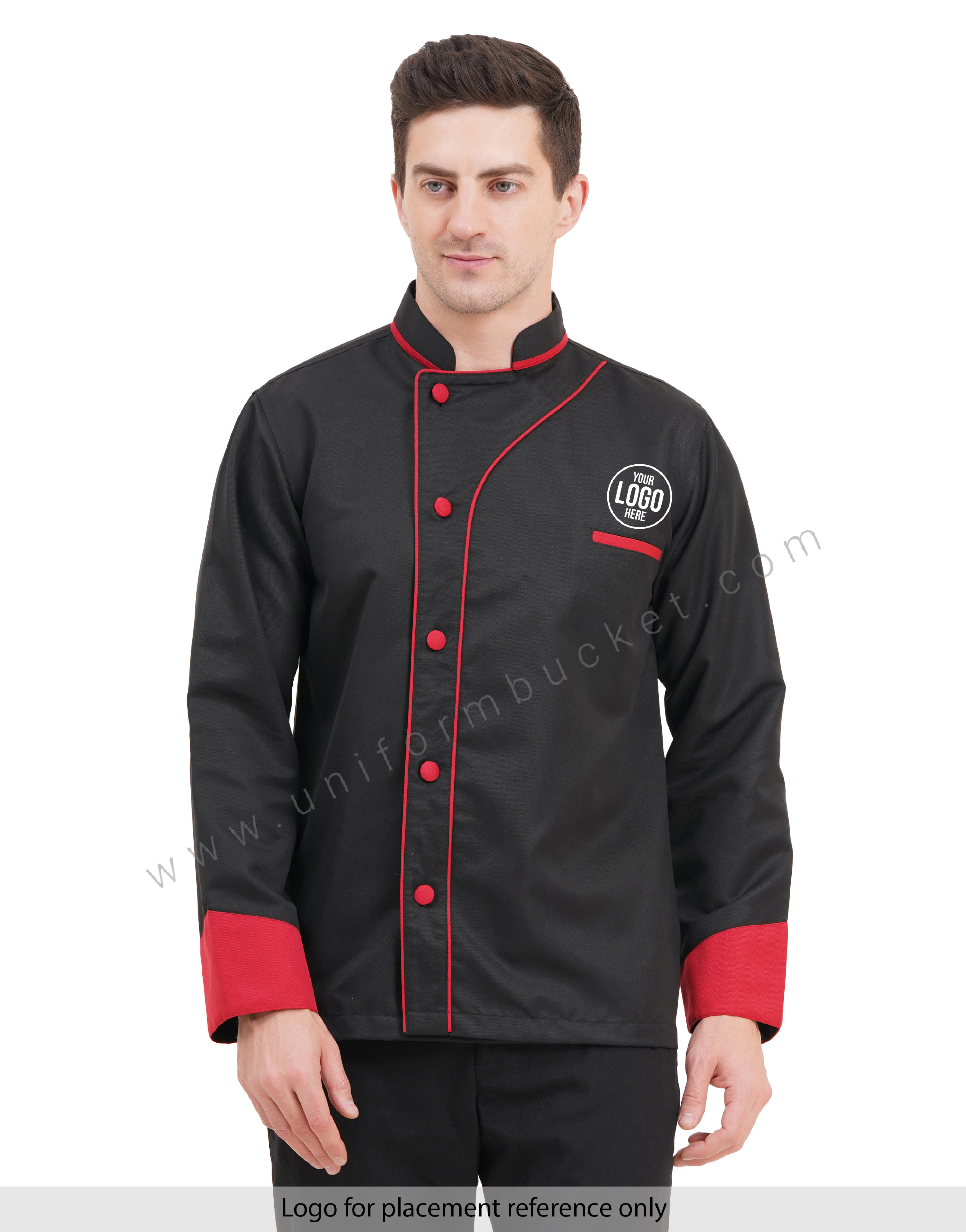 male black designer chef coat with red front piping & red cuff view 7