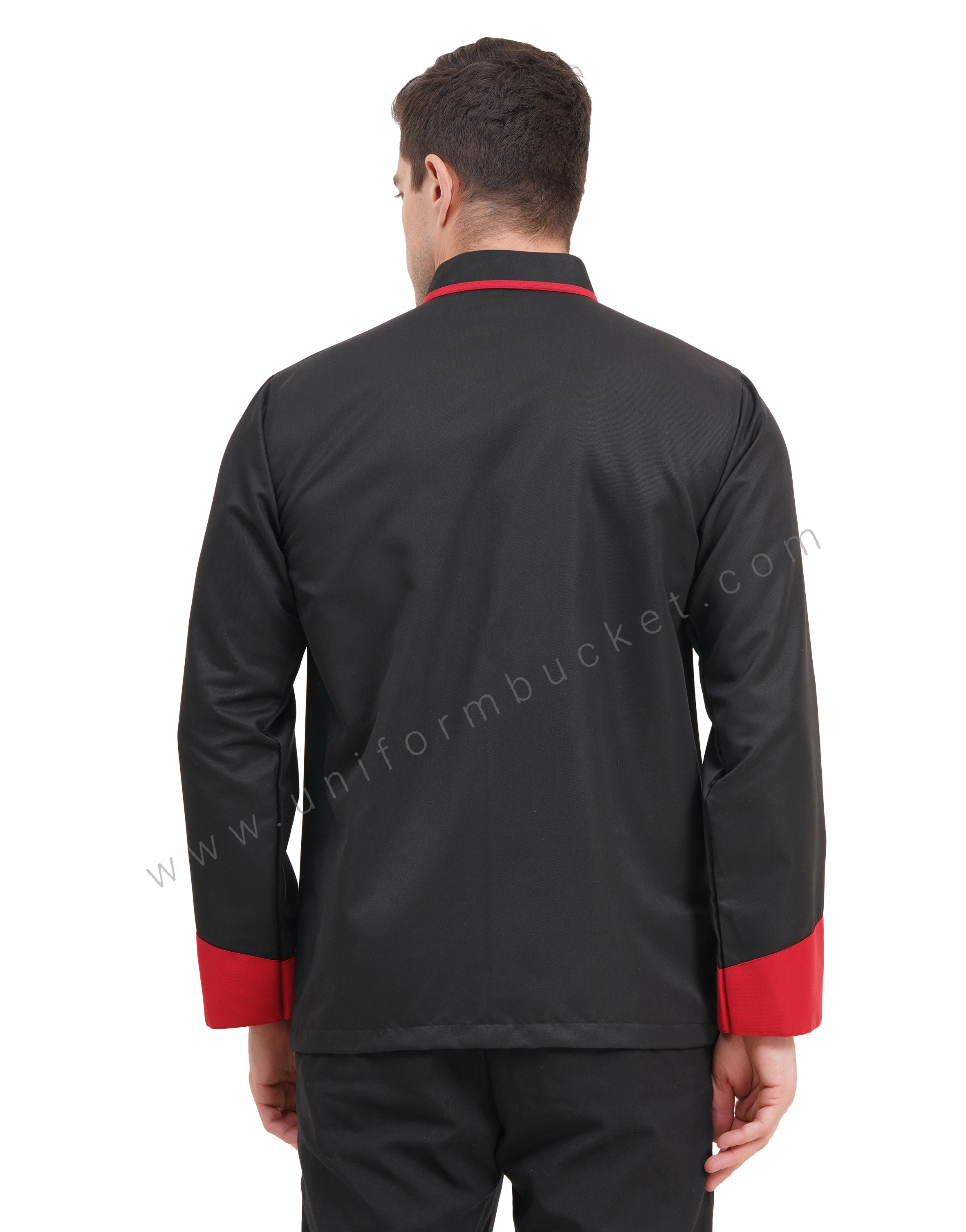 male black designer chef coat with red front piping & red cuff view 6