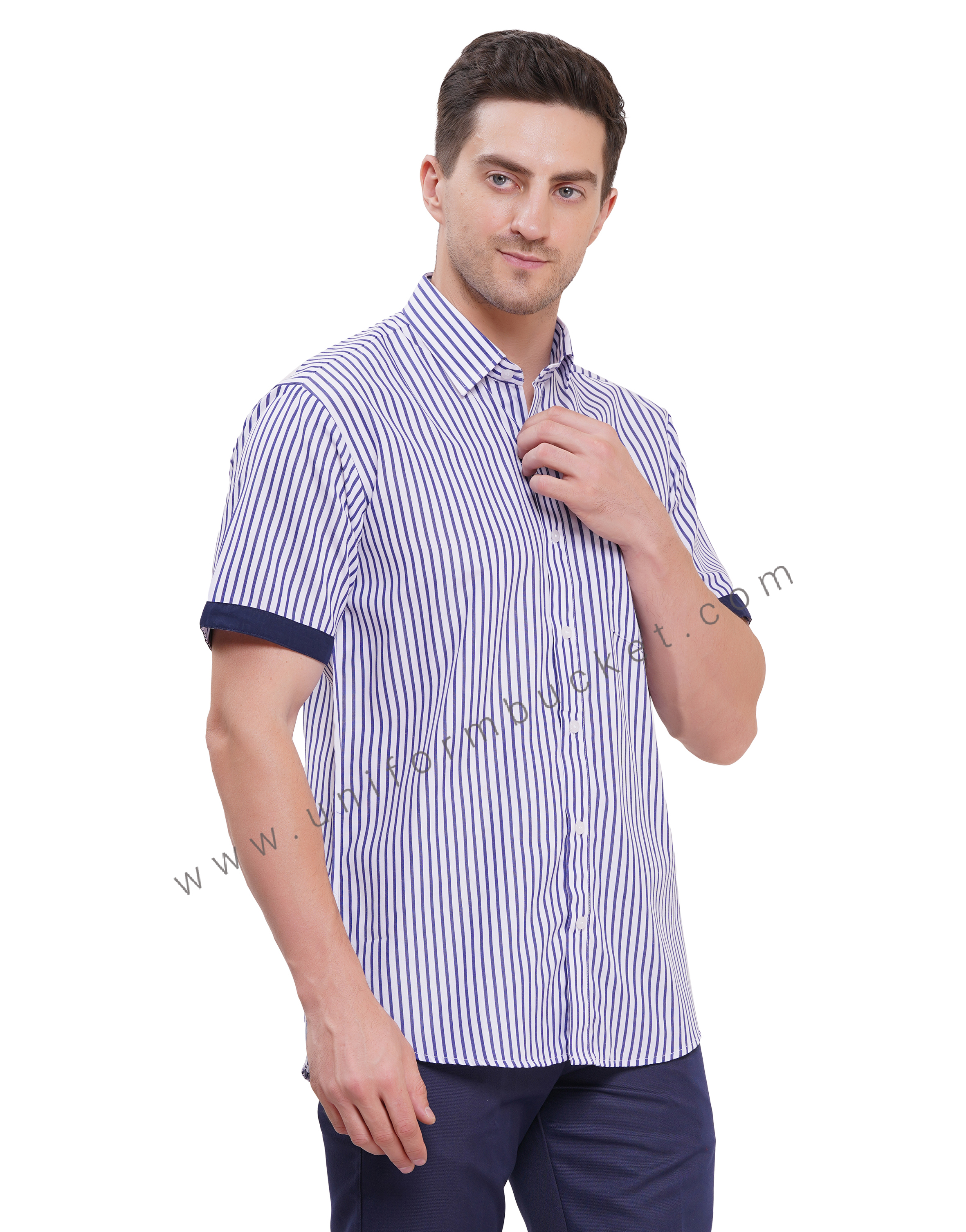 male blue & white lining shirt shirt with navy blue trim thumbnail 3