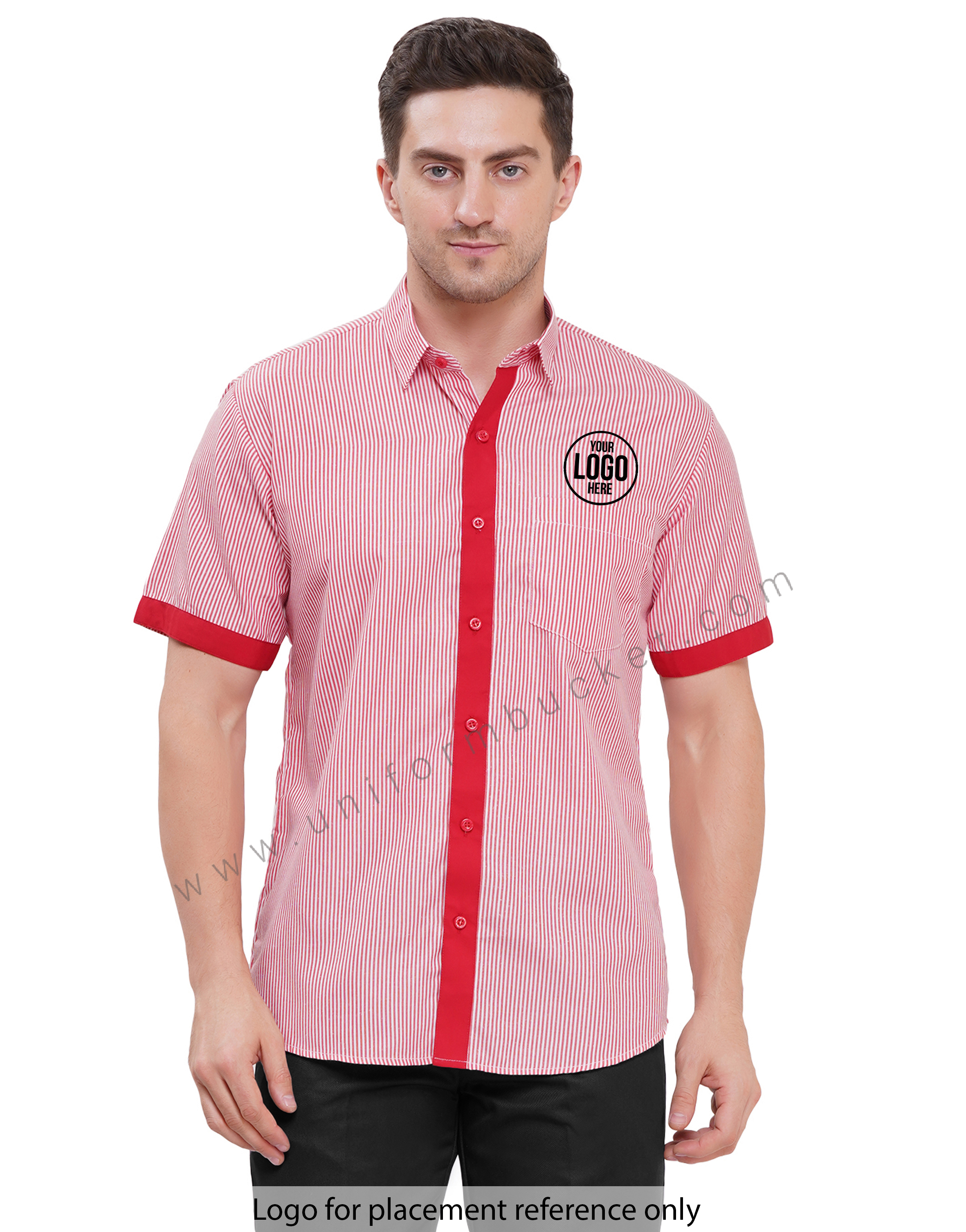 male housekeeping  red & white lining shirt with red trim view 1