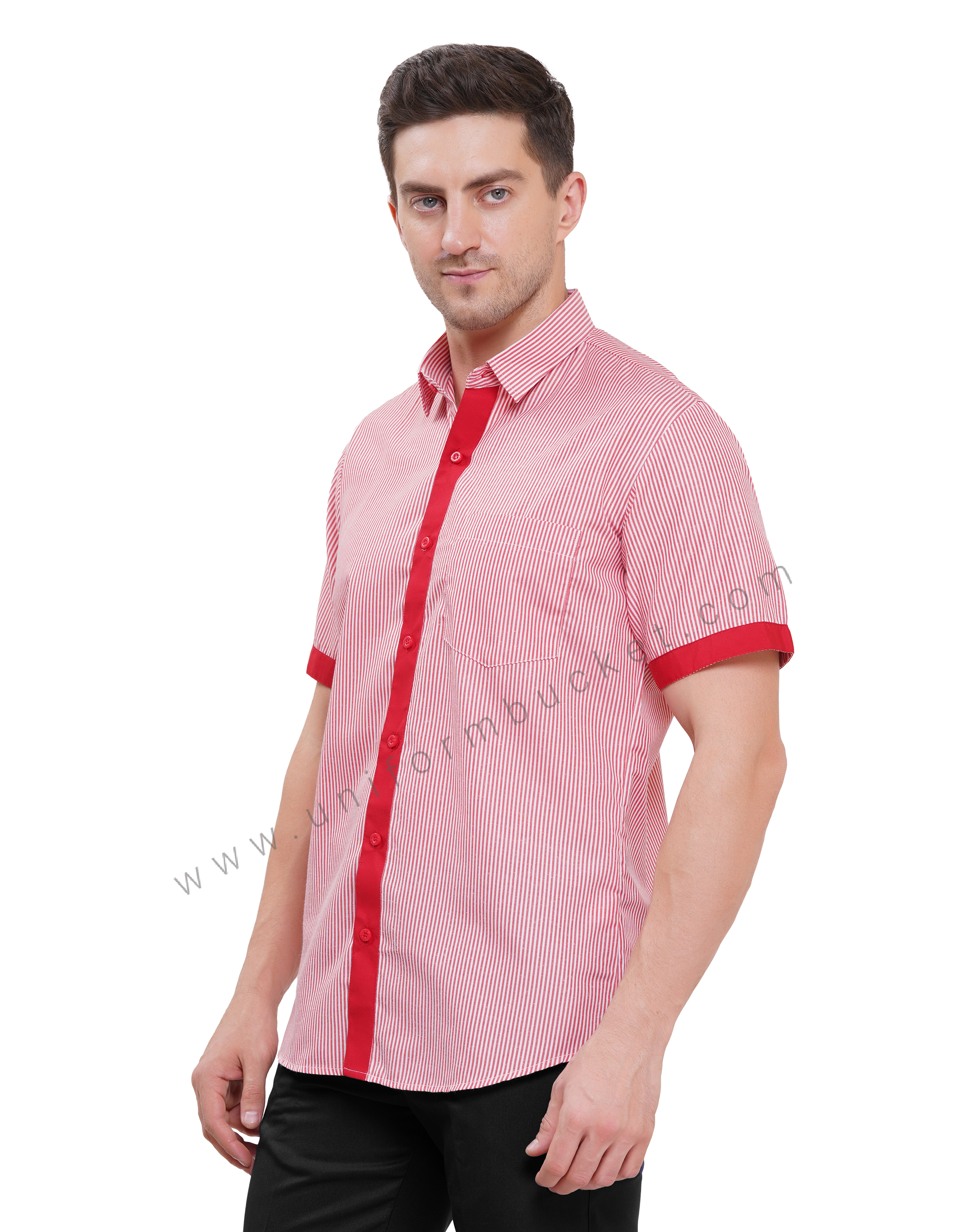 male housekeeping  red & white lining shirt with red trim thumbnail 2