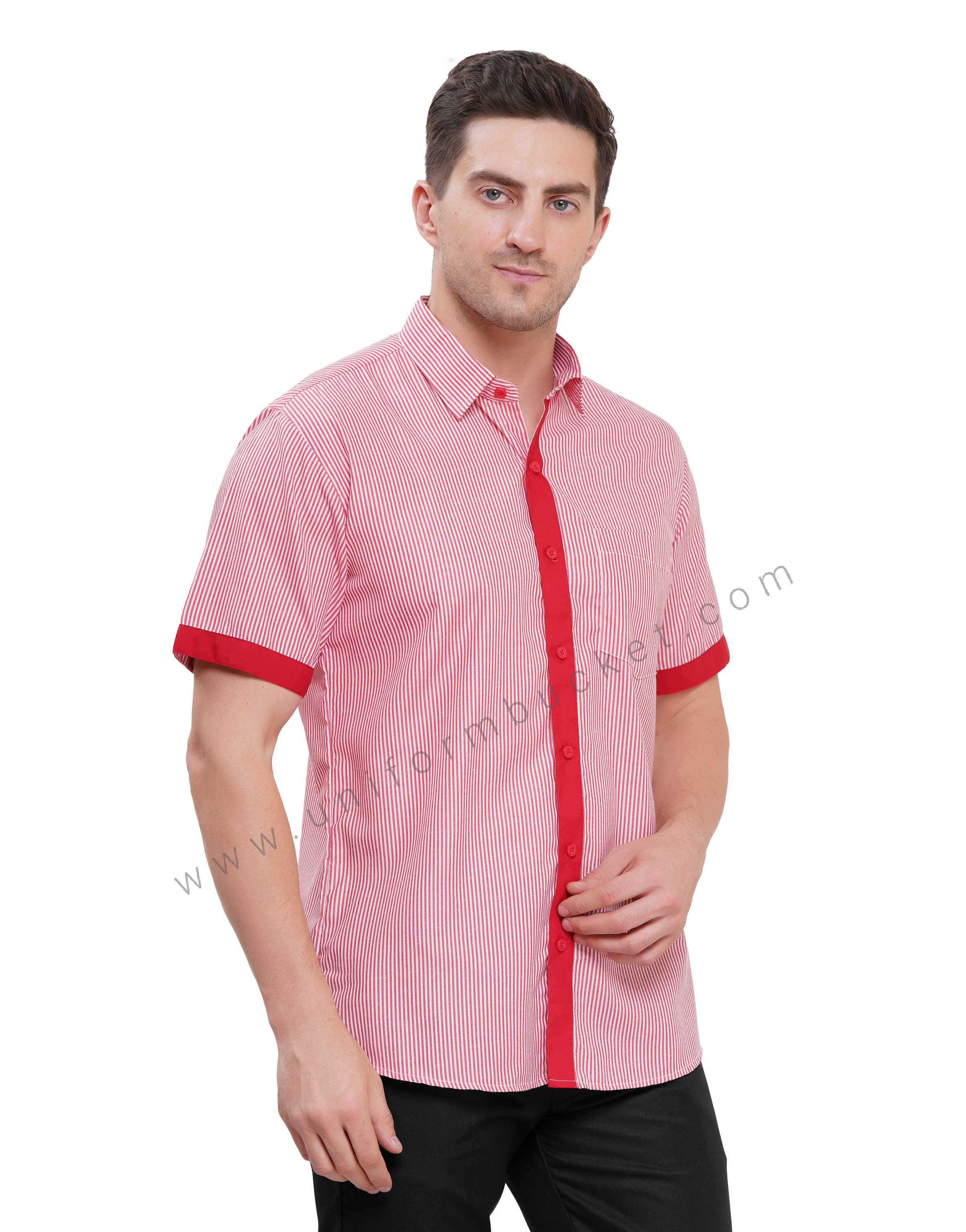 male housekeeping  red & white lining shirt with red trim thumbnail 3