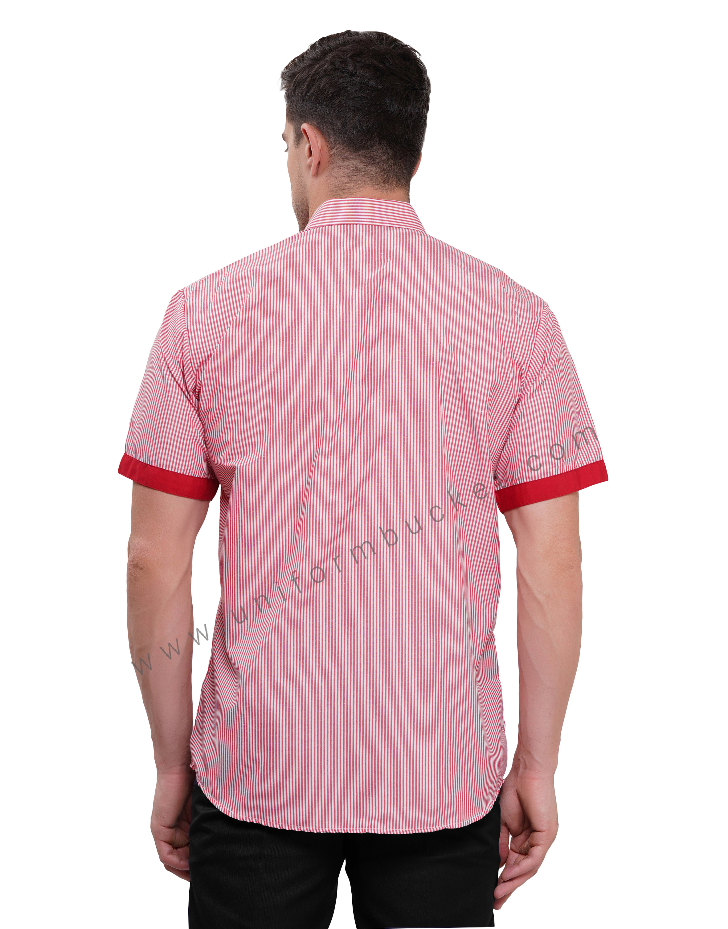 male housekeeping  red & white lining shirt with red trim thumbnail 4