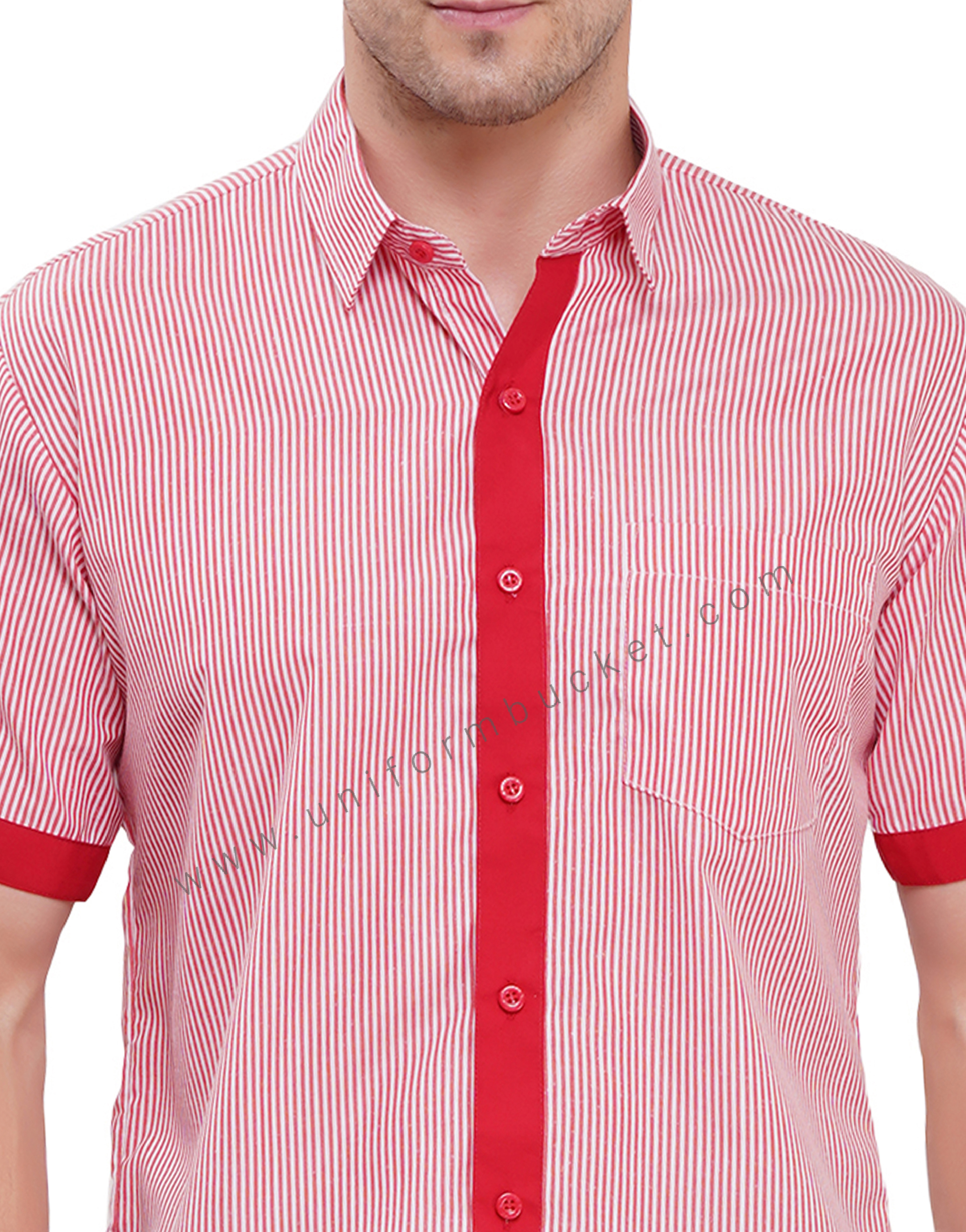 male housekeeping  red & white lining shirt with red trim thumbnail 5
