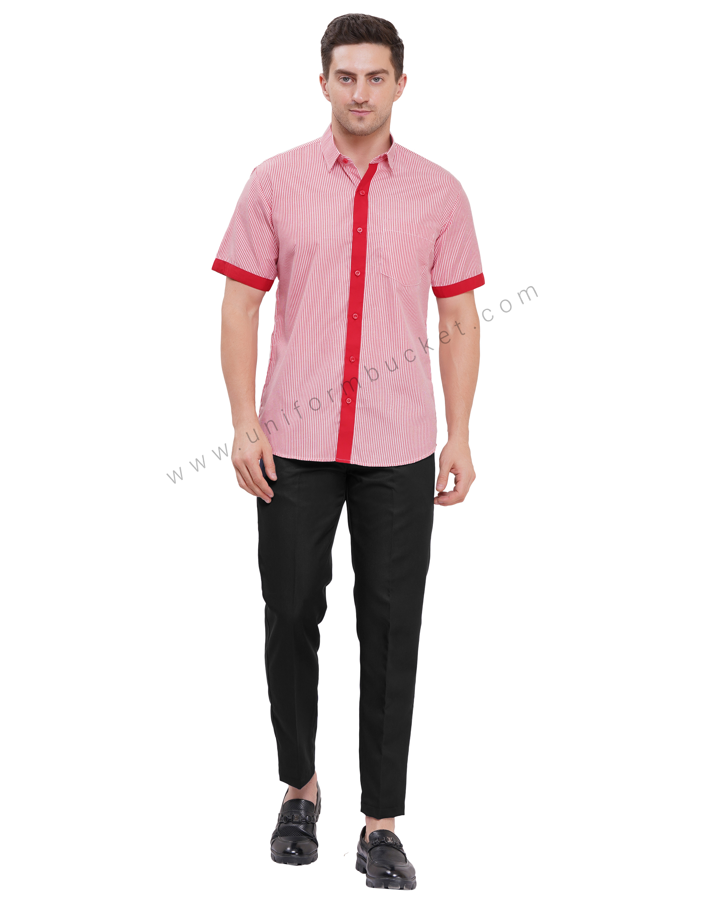 male housekeeping  red & white lining shirt with red trim thumbnail 6