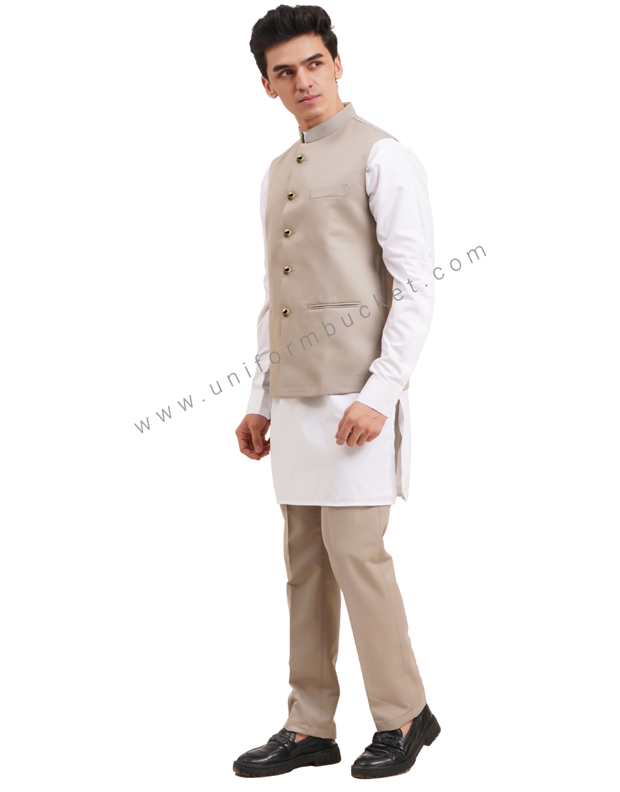 MALE KHAKI NEHRU JACKET WITH THREE CUT POCKET thumbnail 3