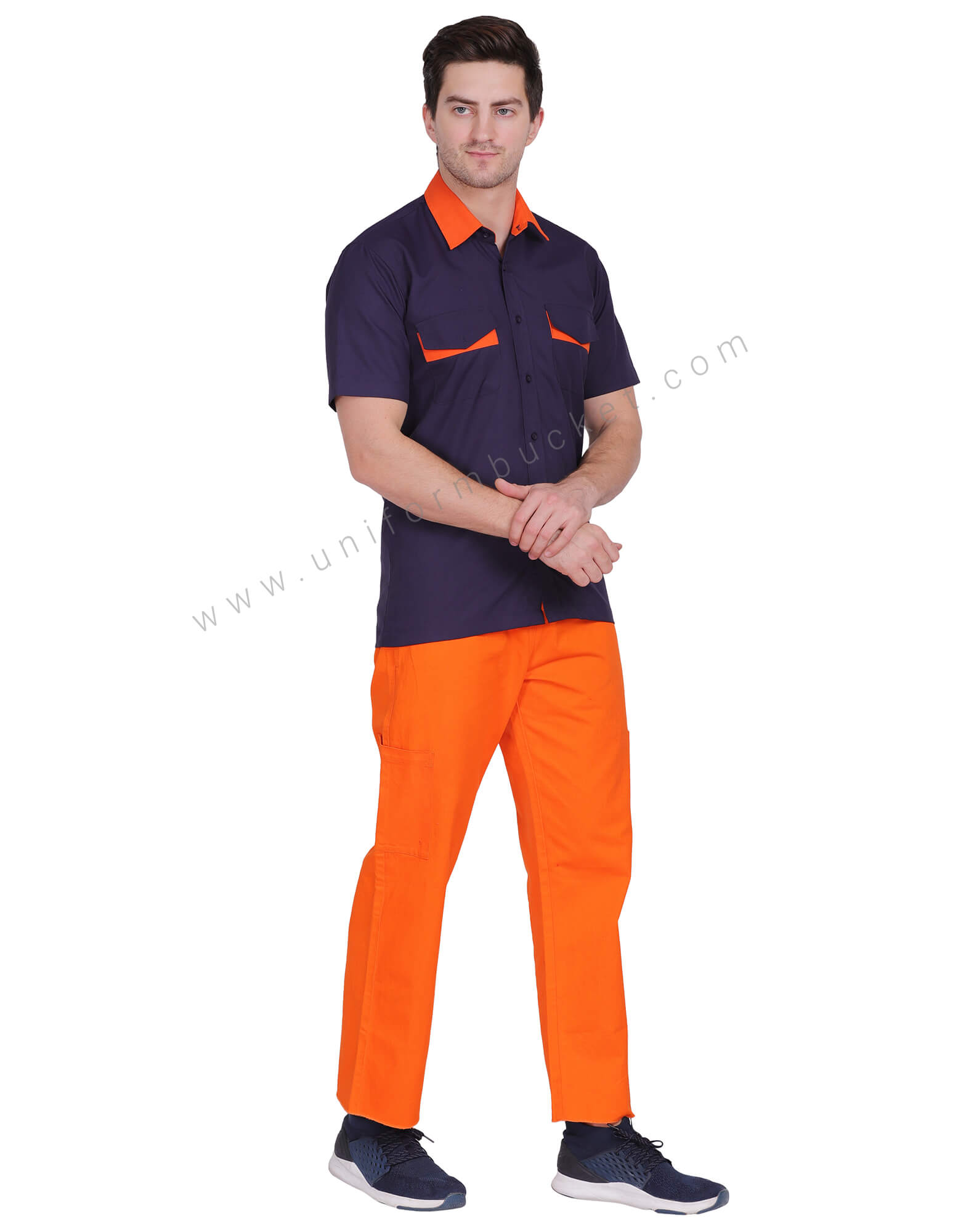 Male Navy Blue Shirt With Orange Collar thumbnail 3