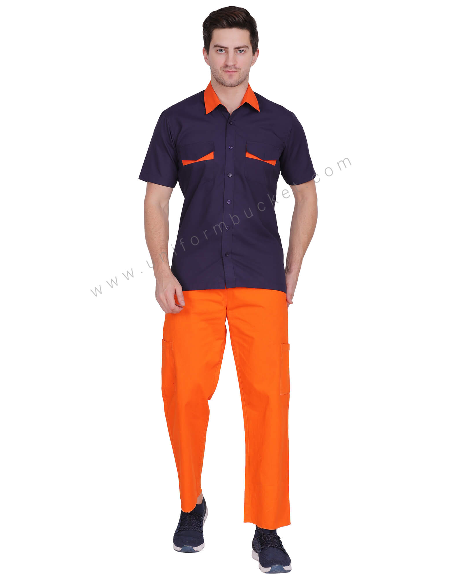 Male Navy Blue Shirt With Orange Collar thumbnail 2