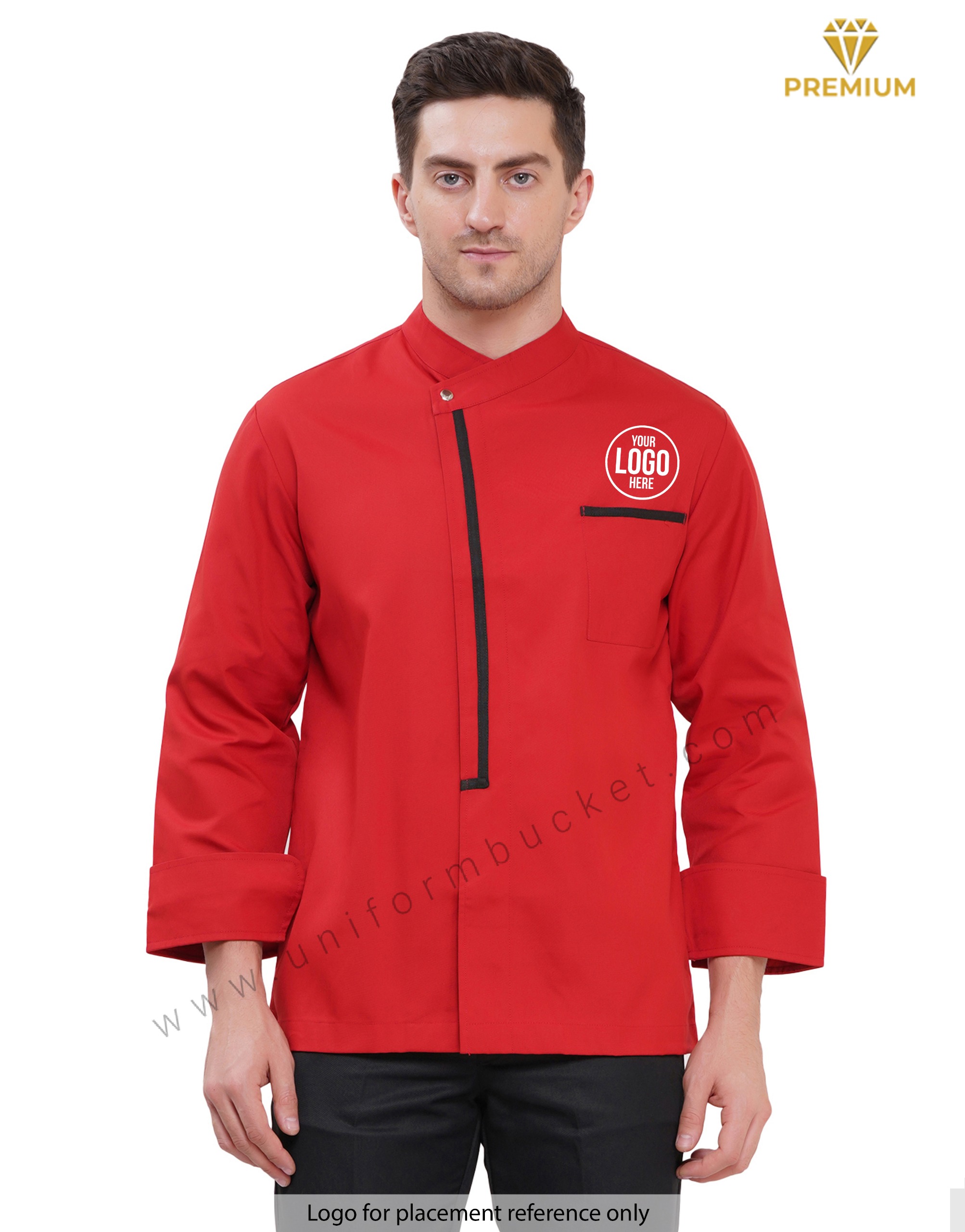 Male red premium chef coat with black trim view 1