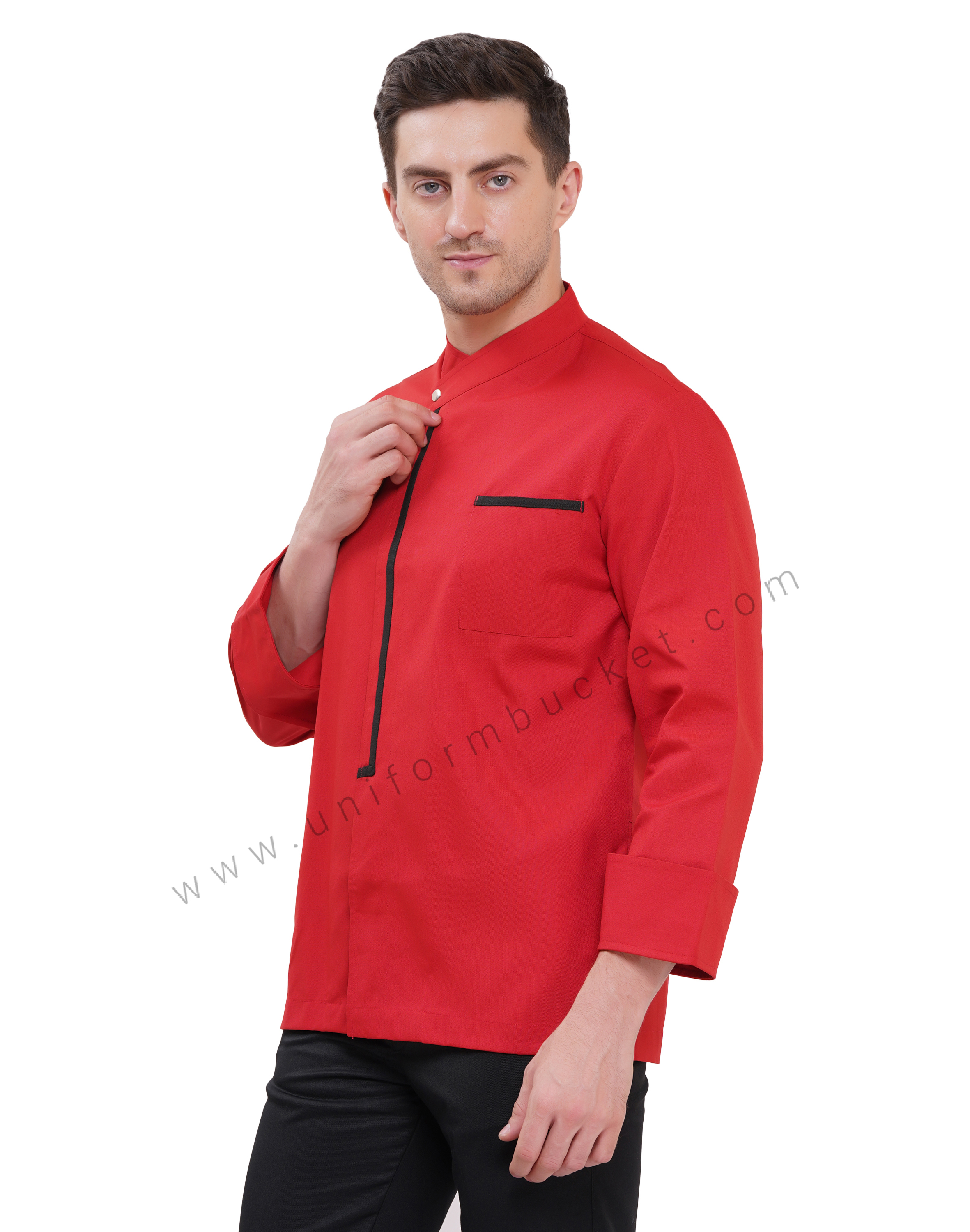 Male red premium chef coat with black trim thumbnail 2